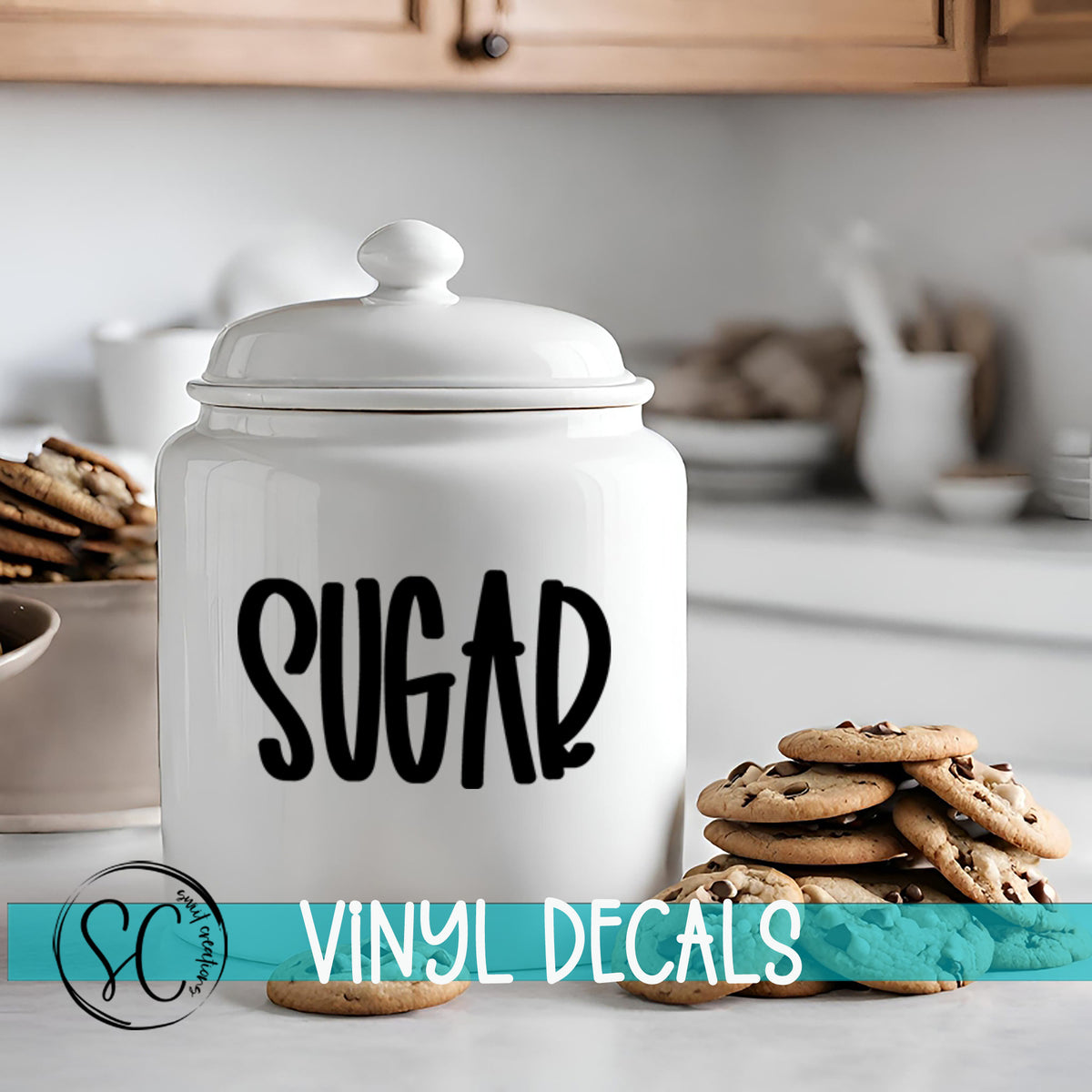 a cookie jar sitting on a kitchen counter next to cookies