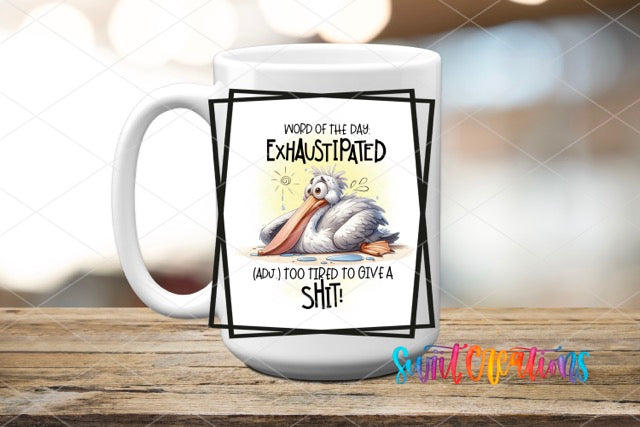 a coffee mug with a picture of a pelican on it