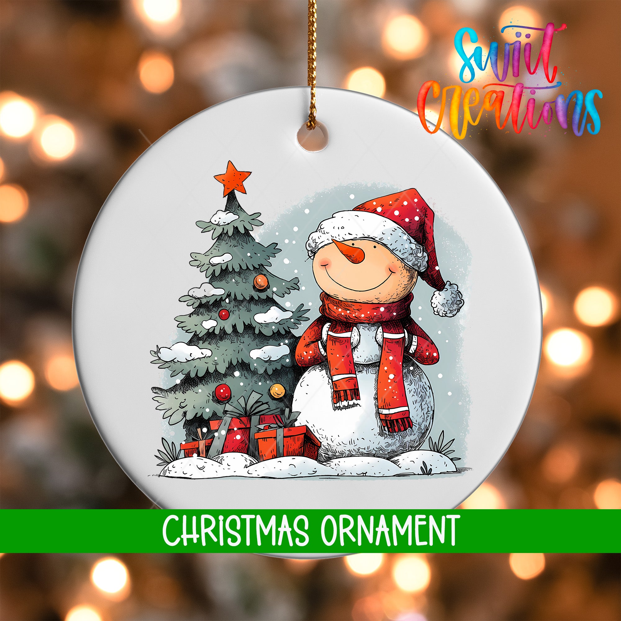 A Christmas ornament featuring a snowman and a Christmas tree, with the text "Christmas Ornament" below the image.