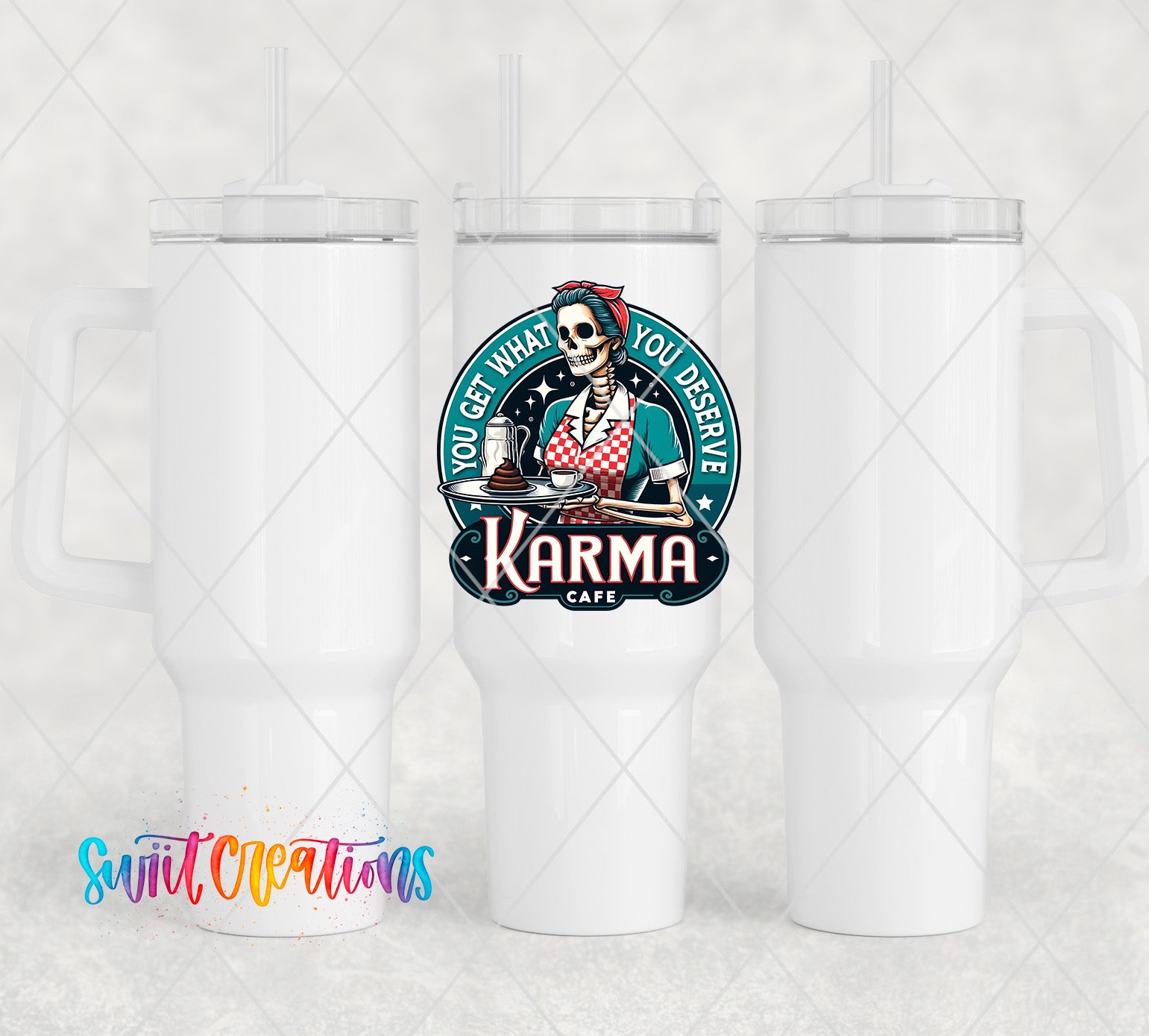 two white coffee mugs with a skull on them