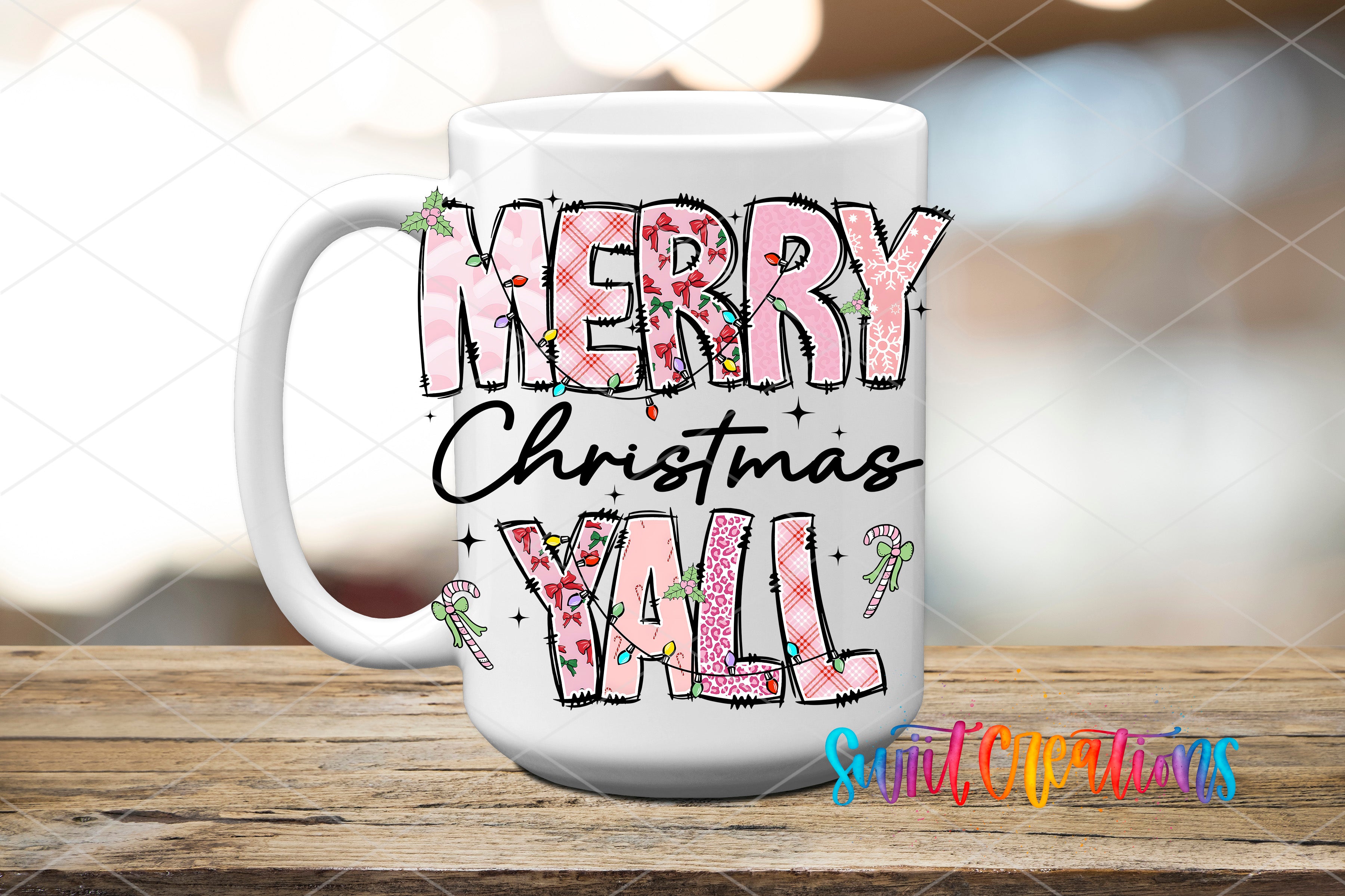 A white mug with the text "MERRY CHRISTMAS YALL" printed on it, along with various decorative elements such as stars and candy canes.