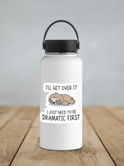 Dramatic Sloth sticker on a white insulated water bottle