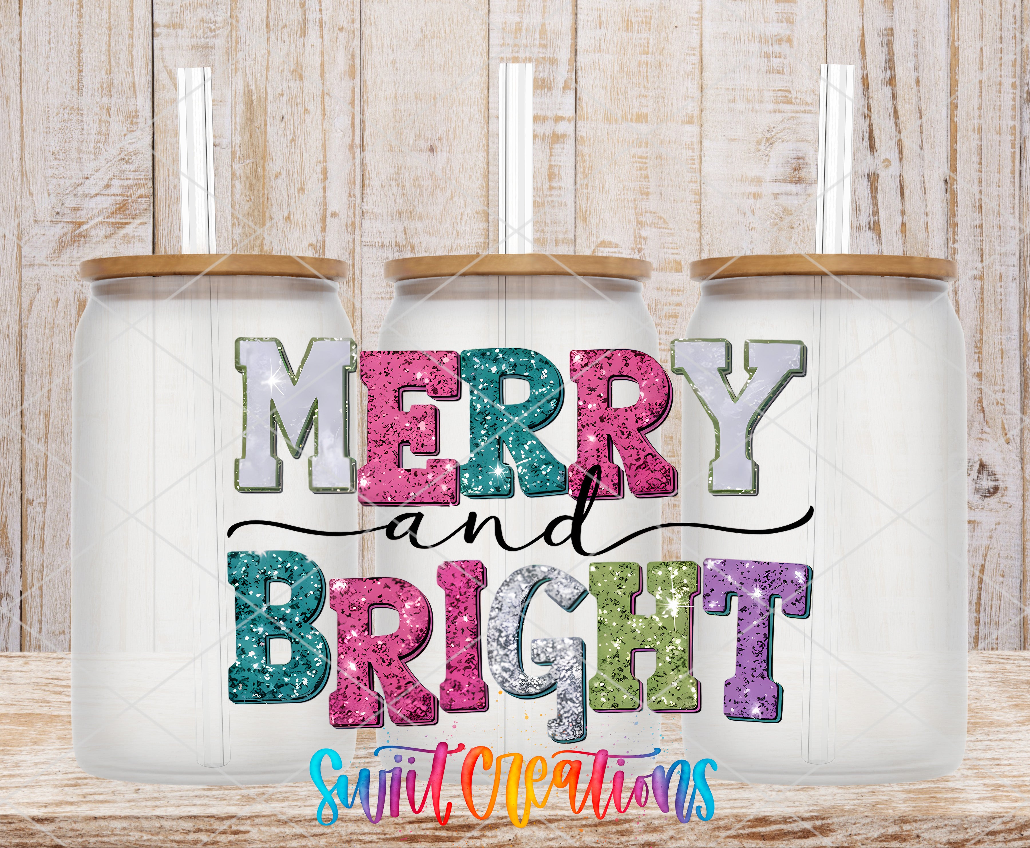 three glass jars with lids, each containing a straw, and the text "MERRY and BRIGHT" written on them.