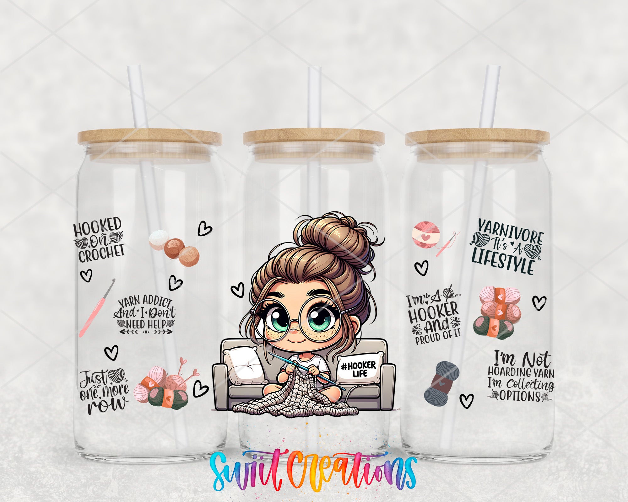 a set of three clear tumblers with a cartoon girl sitting on a couch
