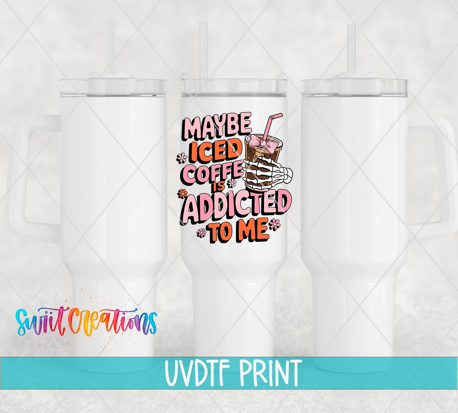 three coffee mugs with the words may be iced coffee and added to me