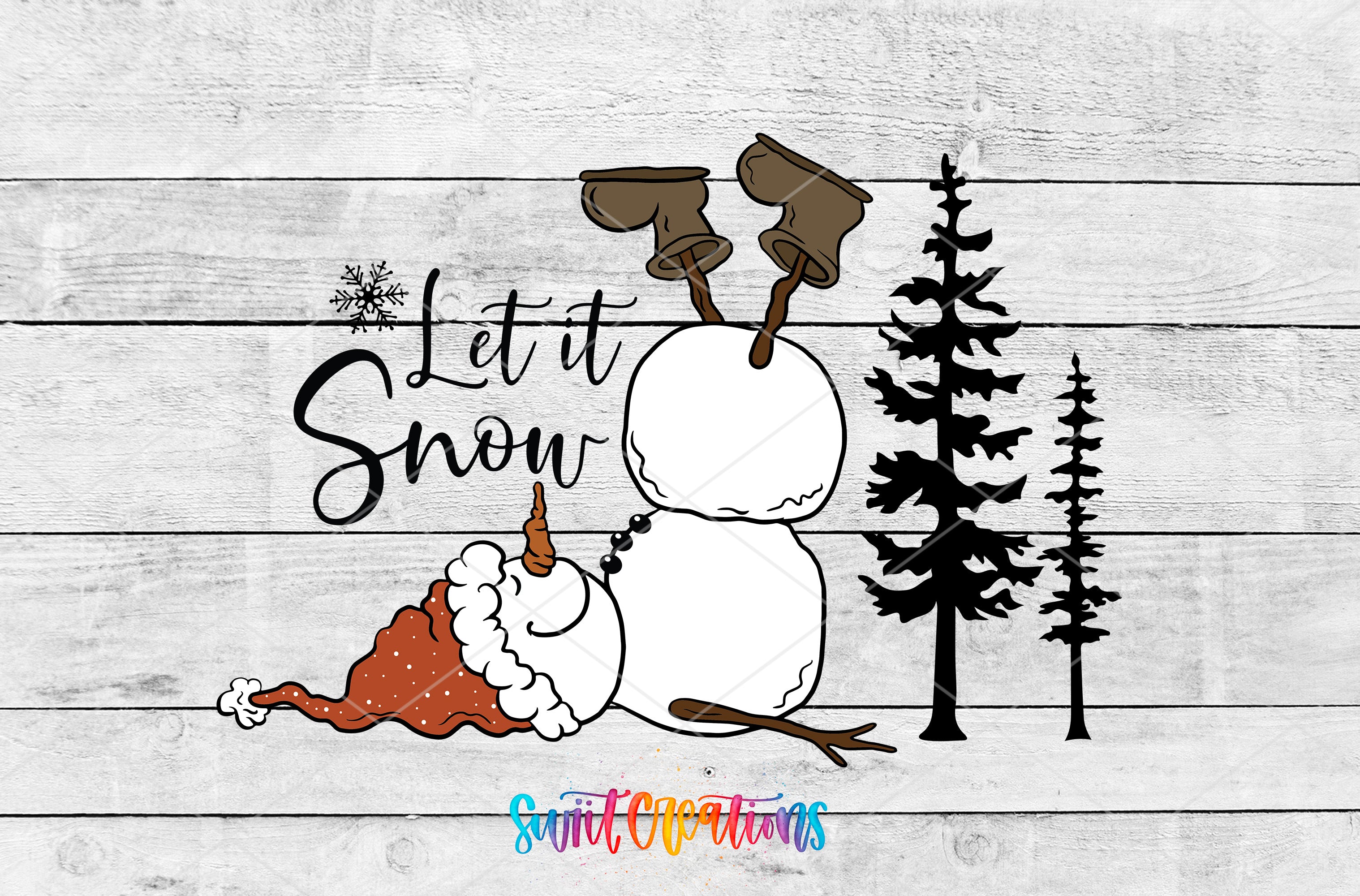 A snowman and a Santa Claus figure sitting on a snowy surface, with the text "Let it Snow" written above them.