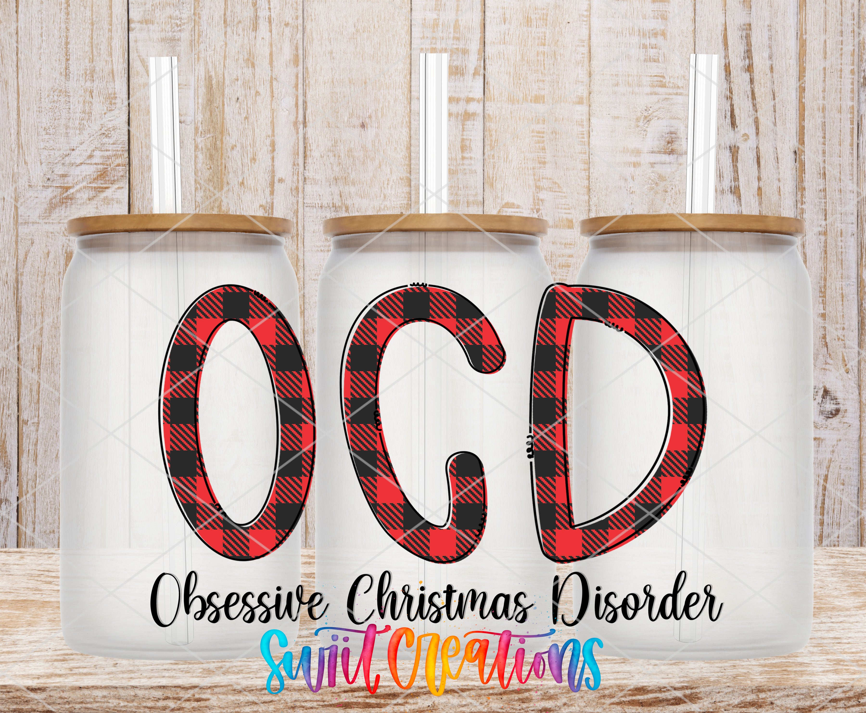 three white glass jars with the letters "OCD" printed on them, along with the text "Obsessive Christmas Disorder" and "SwiftCeuticals" printed below.