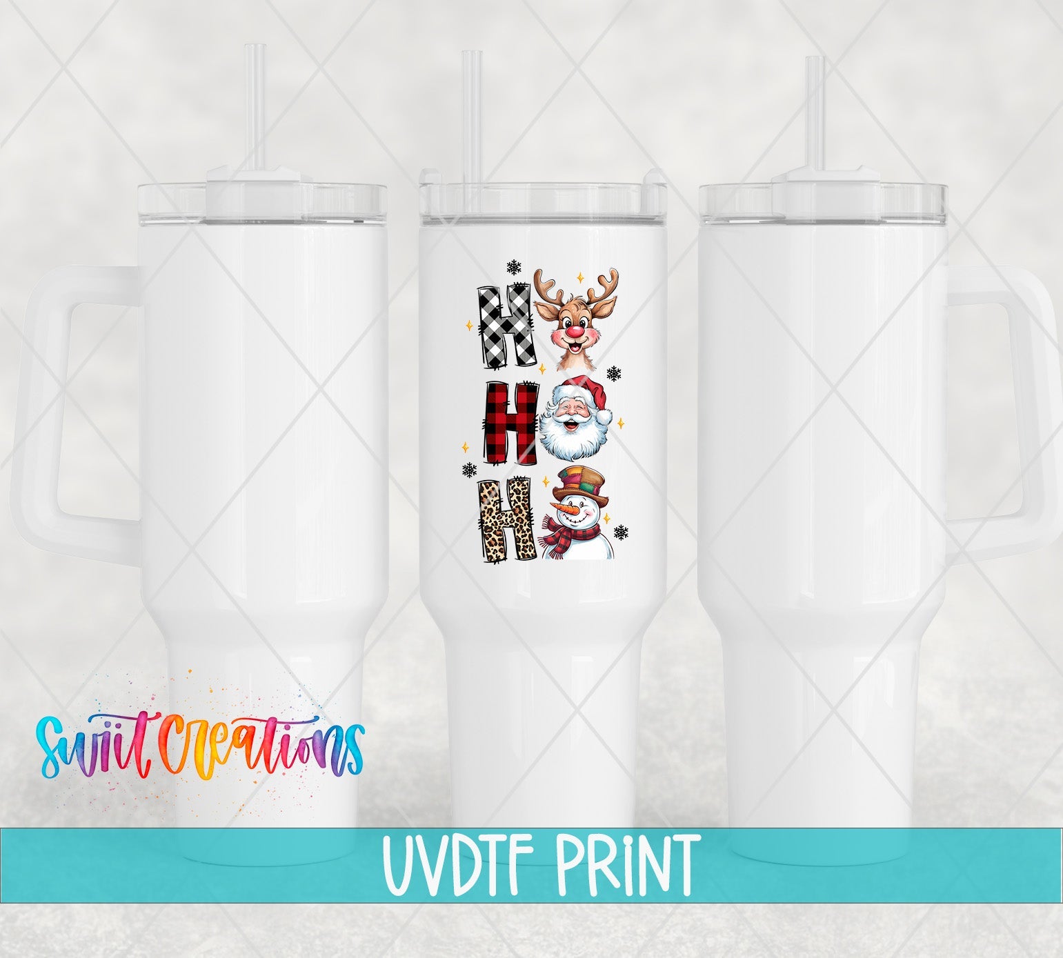 three white tumblers with christmas designs on them