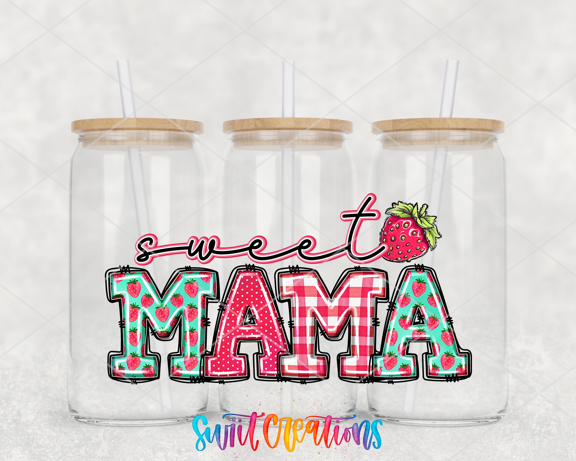 Three glass jars with wooden lids, each containing a straw. The jars have a colorful design featuring the text "Sweet Mama" in a playful, cartoon-like font.