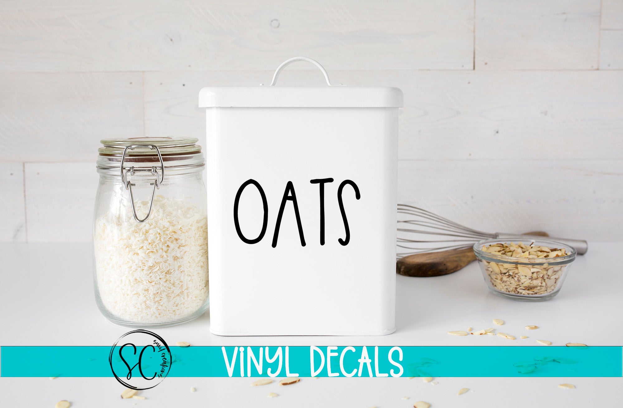 a canister with oats in it next to a bowl of oats