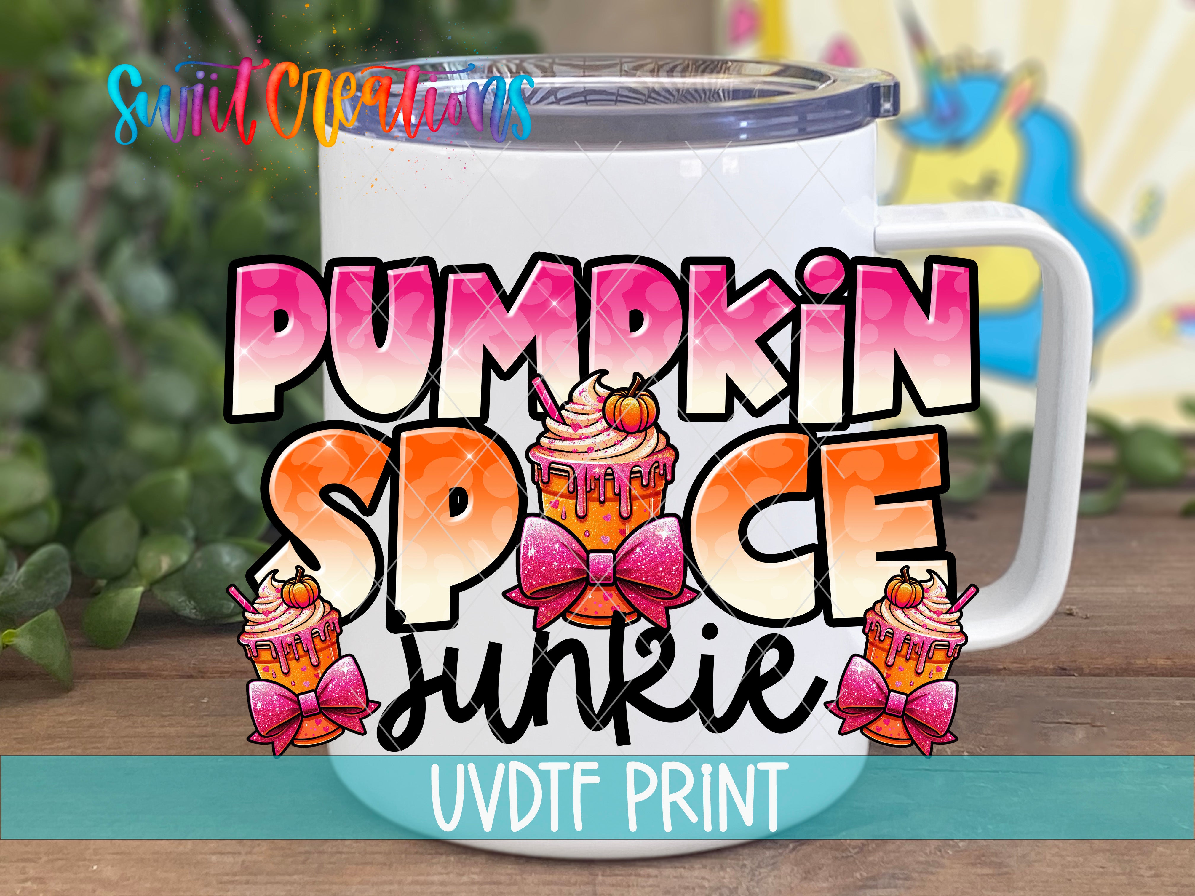 A white mug with a colorful design featuring the text "Pumpkin Spice Junkie" and illustrations of cupcakes and other desserts.