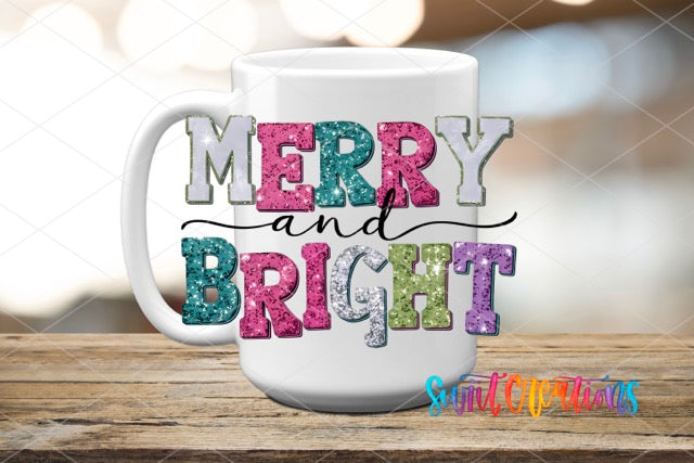a white coffee mug with merry and bright lettering