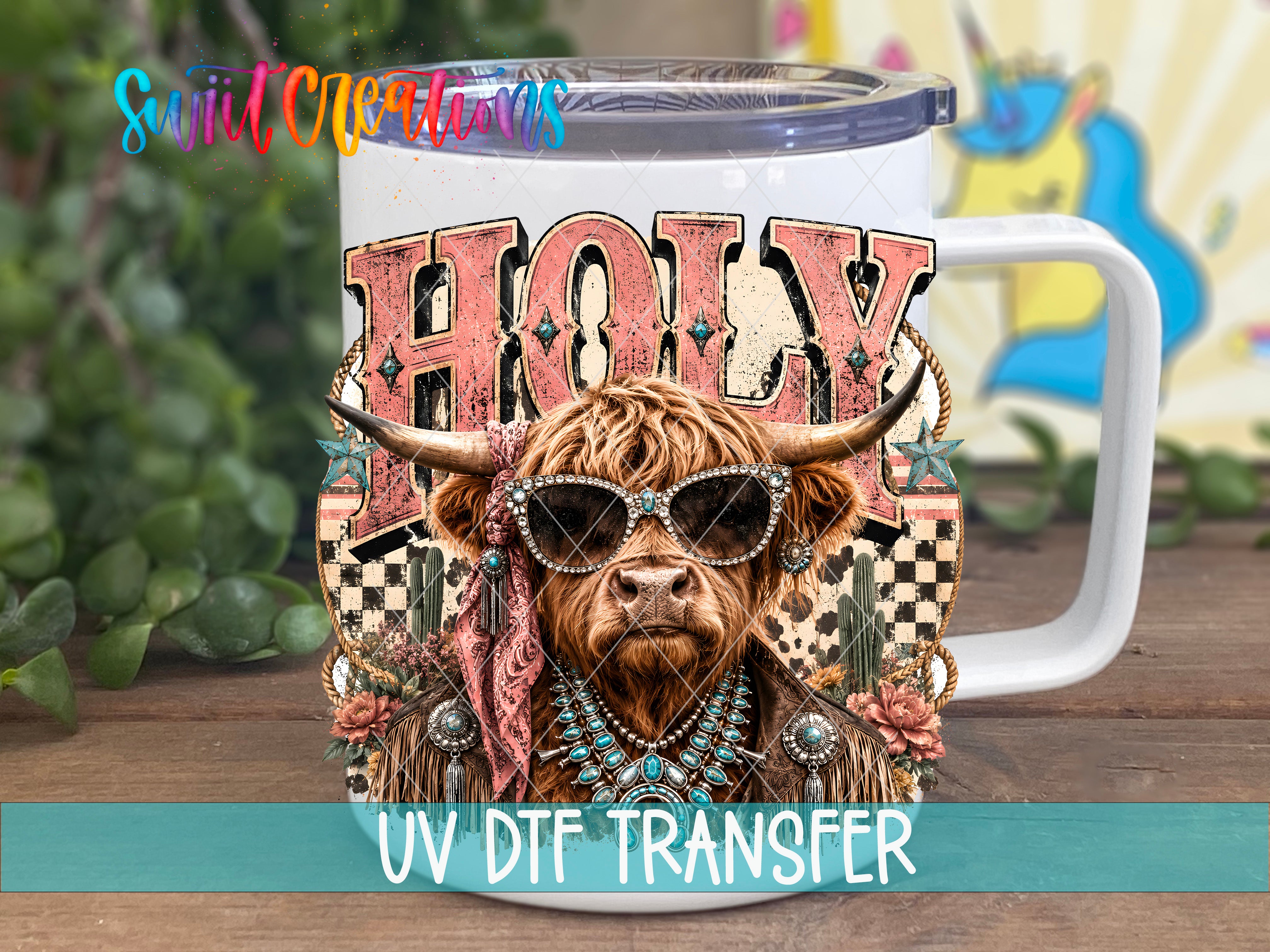 A mug with a printed design featuring a horned animal, sunglasses, and various decorative elements.