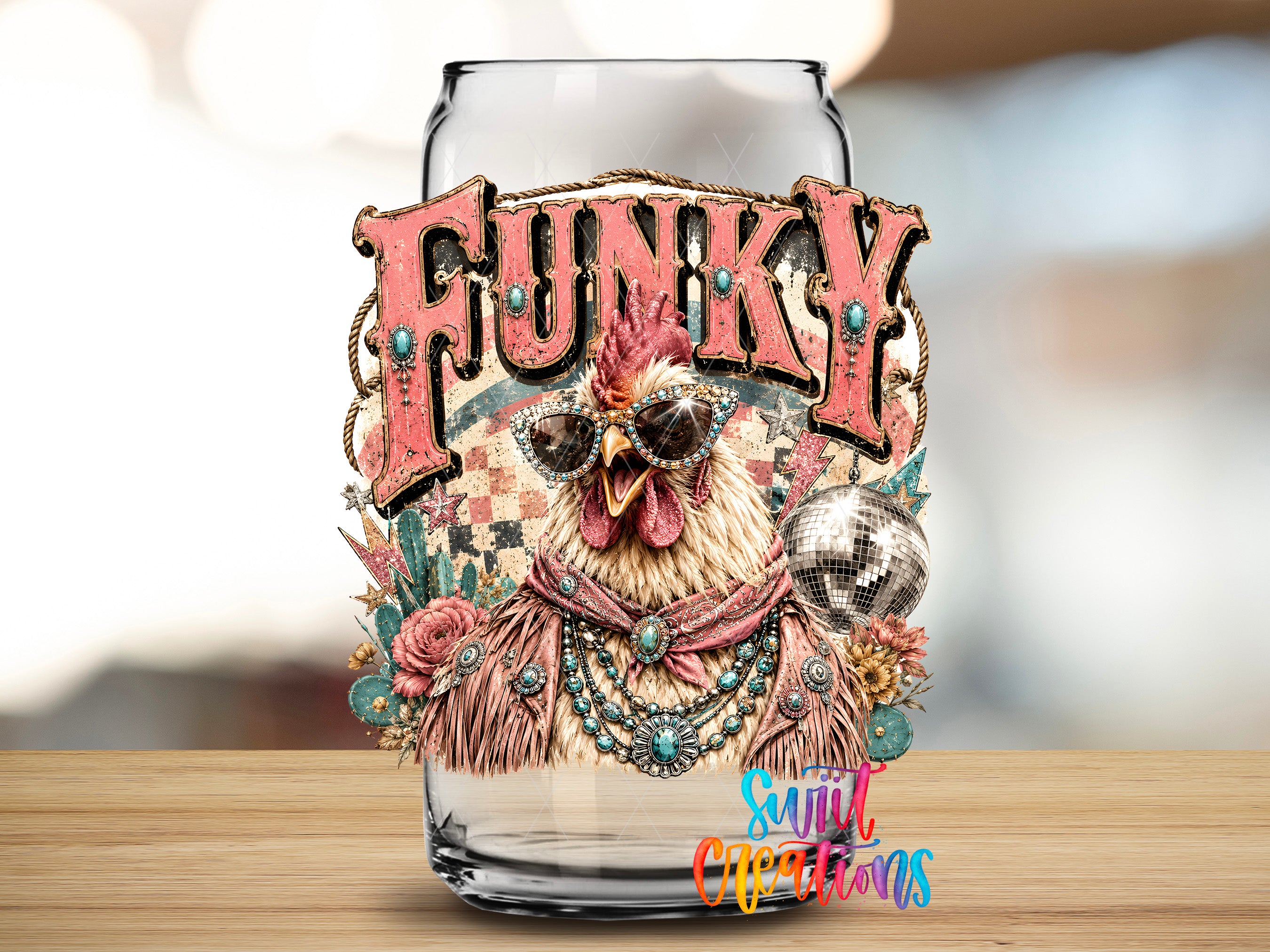 a glass jar with a colorful and whimsical design, including a rooster wearing sunglasses and a necklace, surrounded by flowers and other decorative elements.