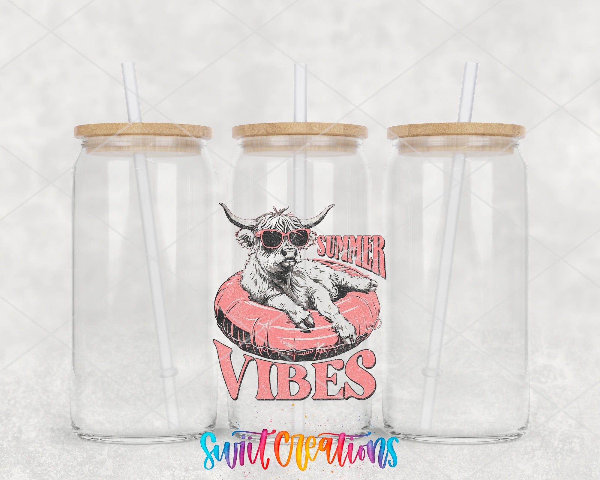 two clear tumblers with a cow wearing sunglasses