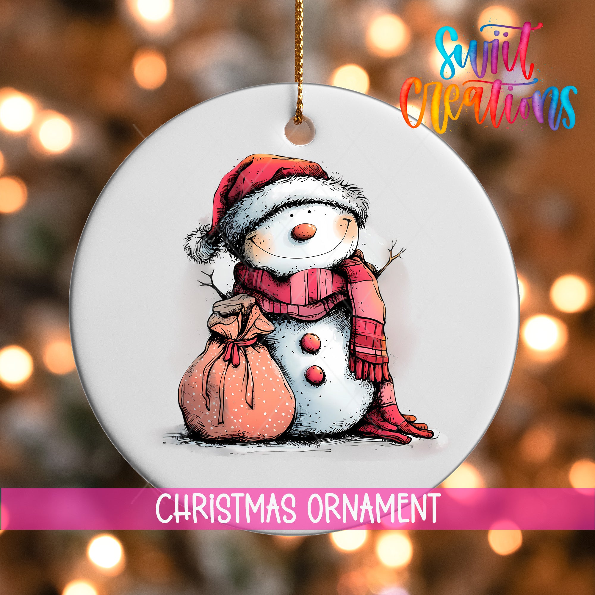 A white Christmas ornament featuring a smiling snowman wearing a red hat and scarf, holding a bag.