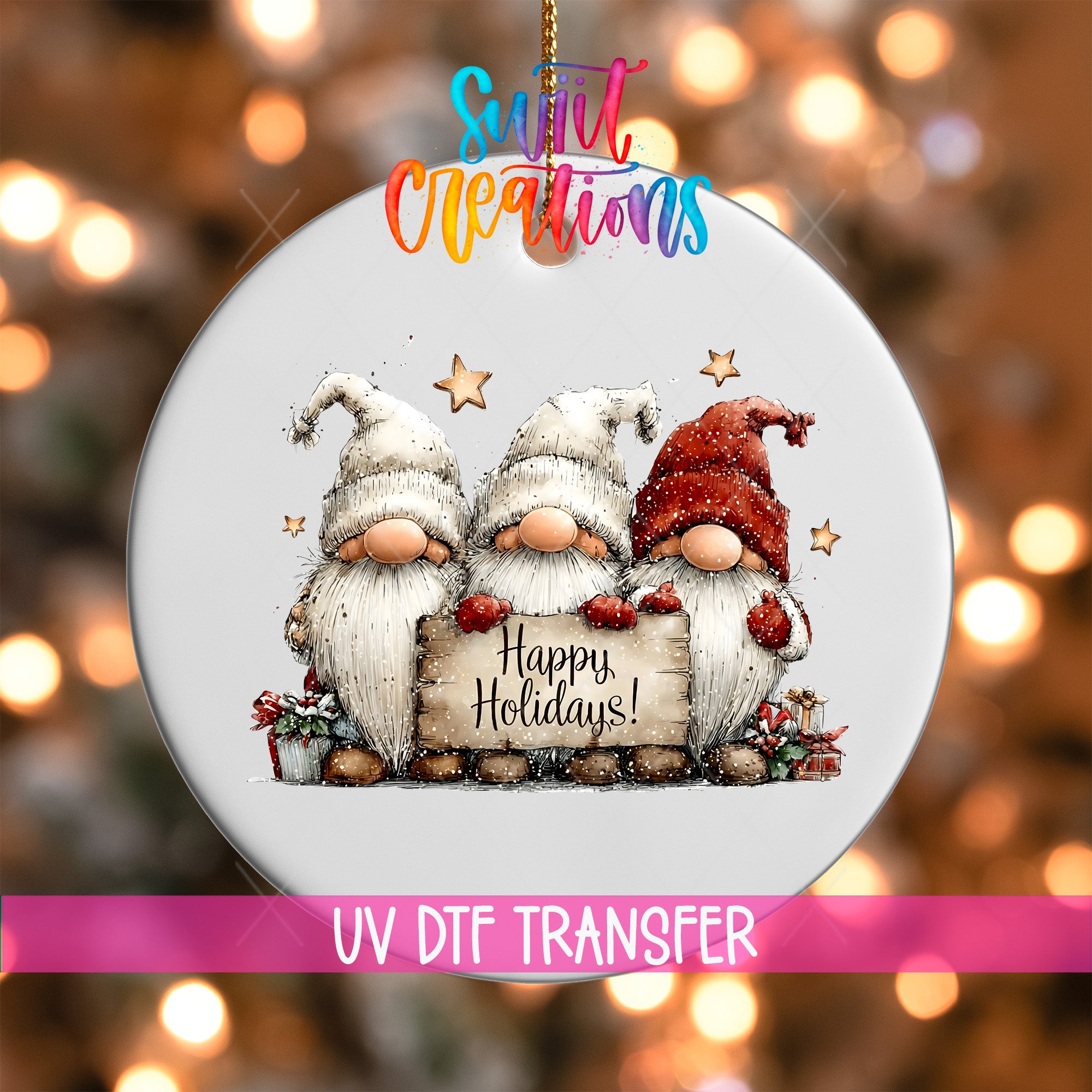 A white ornament with a festive design featuring three gnomes wearing Santa hats and holding a sign that says "Happy Holidays!" against a background of colorful lights.