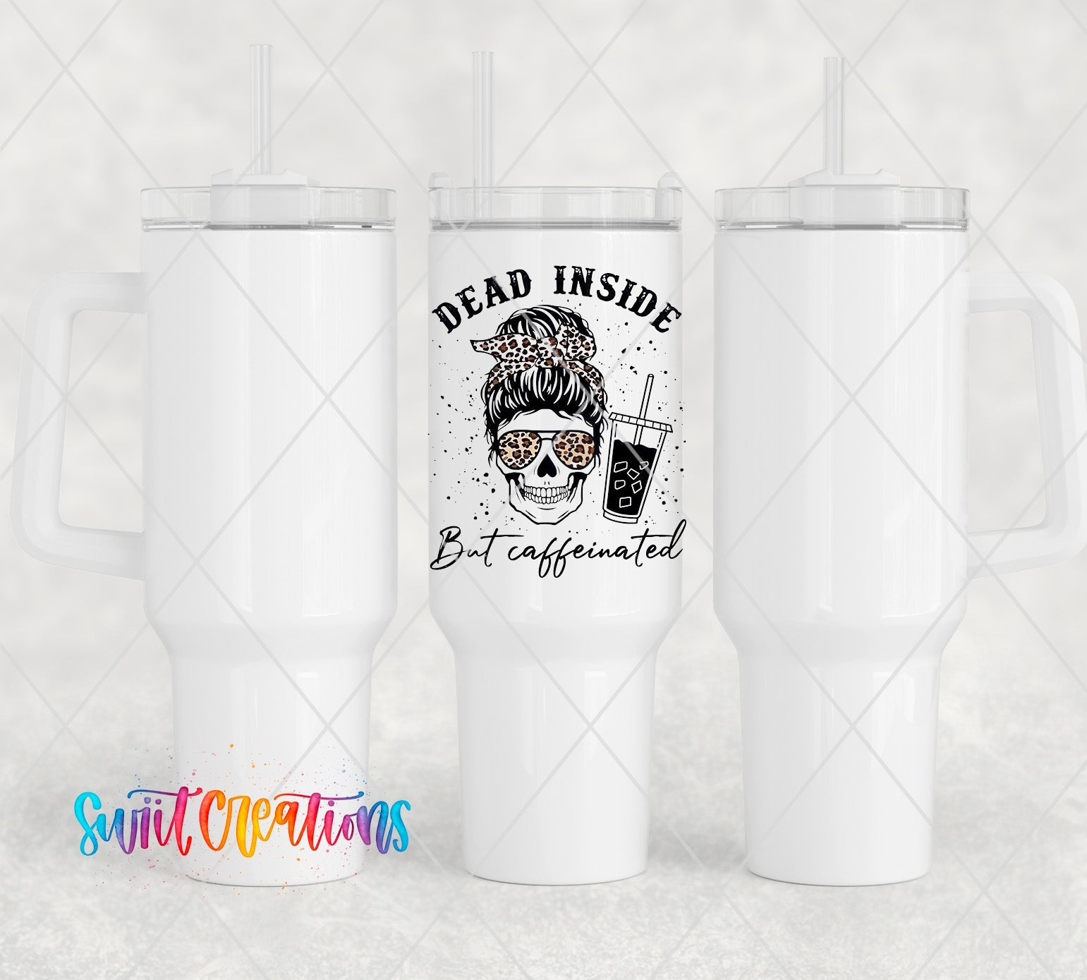 two white coffee mugs with the words dead inside and a skull in a banda