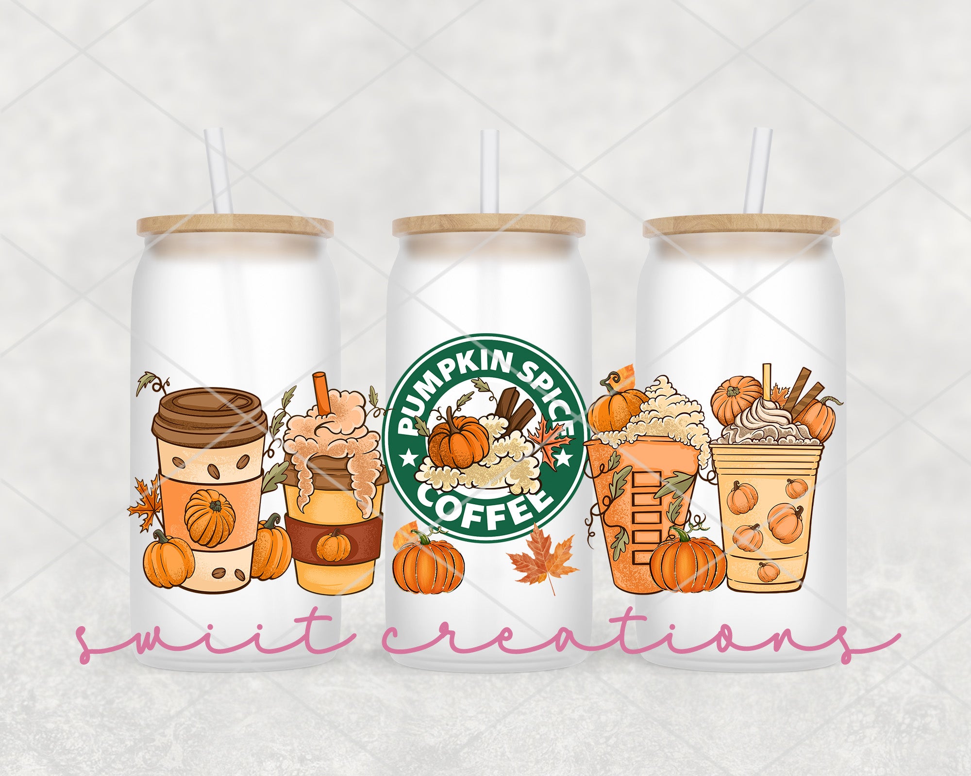 three starbucks pumpkin spice iced coffee cups