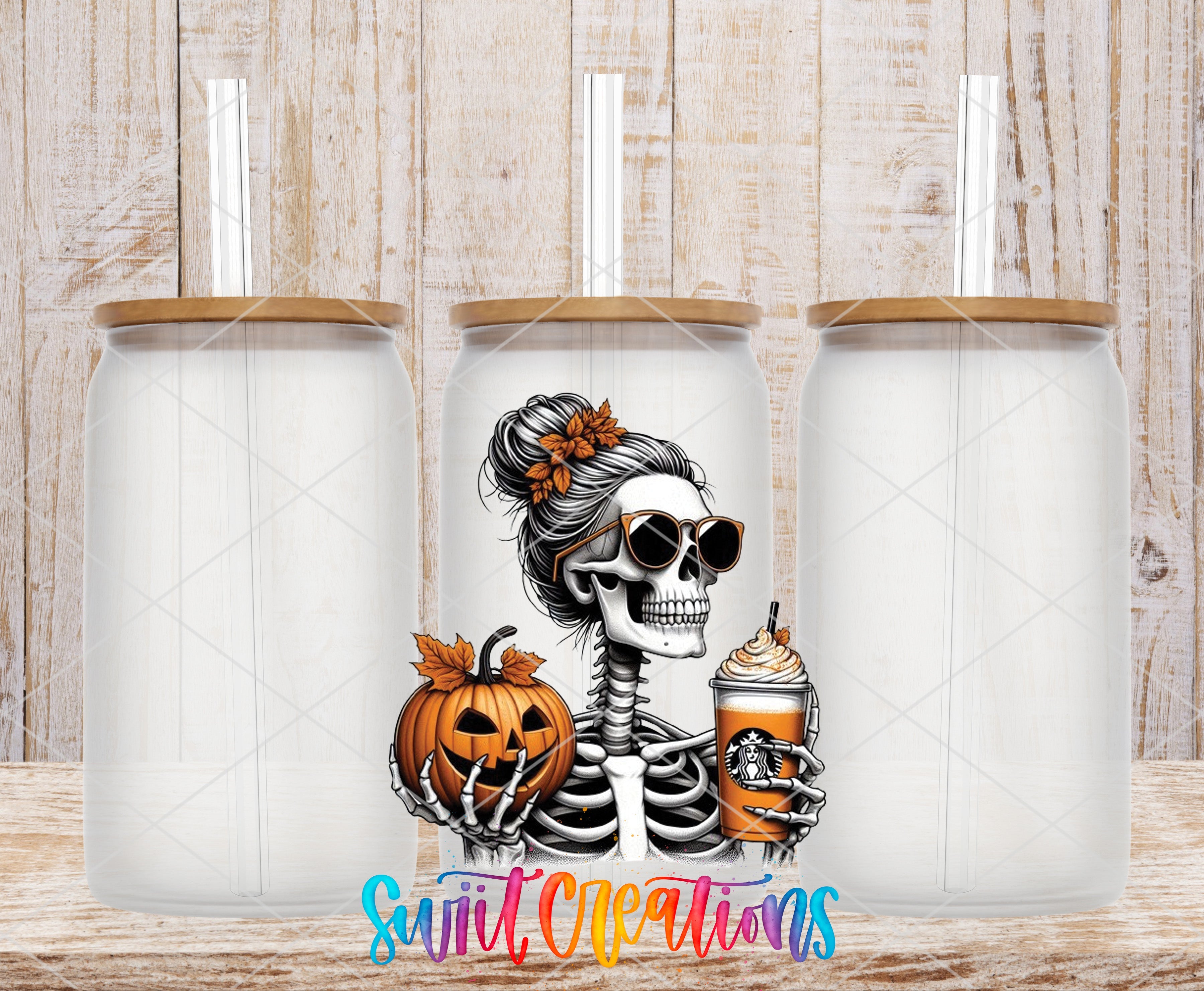 a couple of tumbles with a skeleton on them