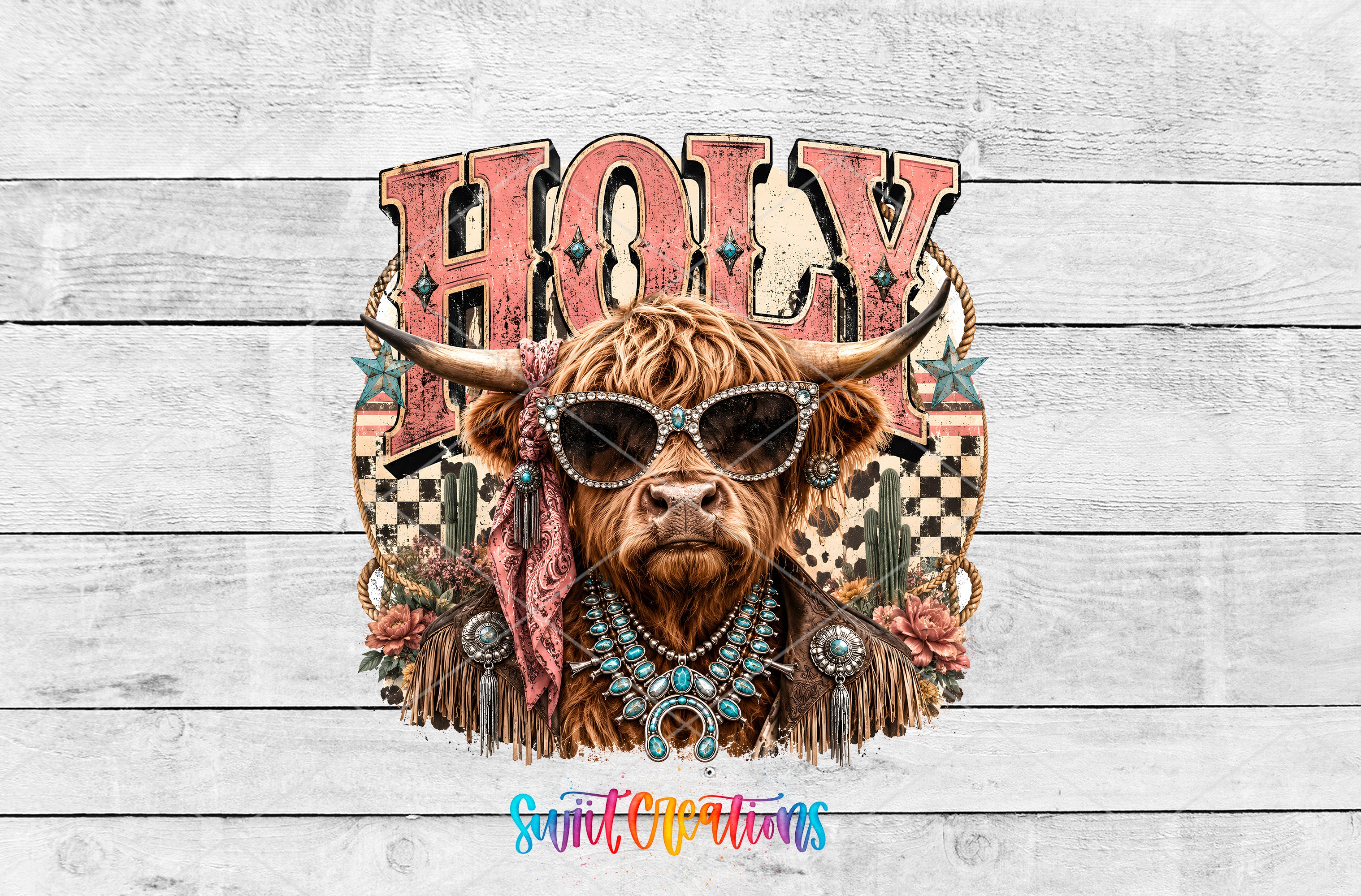A close-up of a horned cow wearing sunglasses and jewelry, with the word "HOLY" prominently displayed above it.