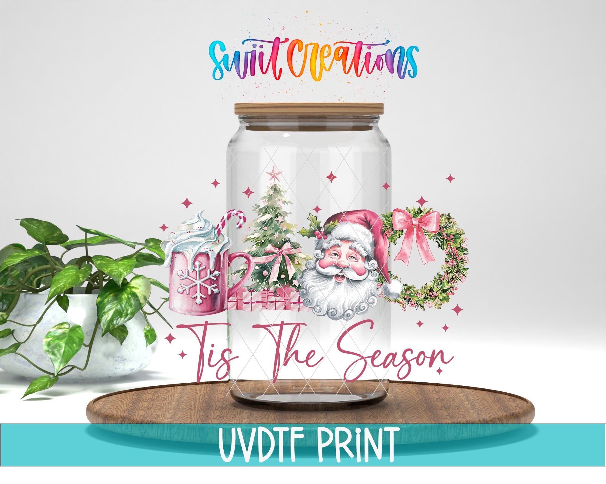 a glass jar with a santa clause on it