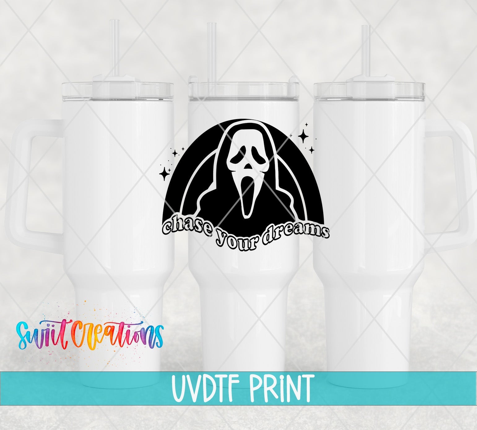 a set of three white tumblers with a black and white image of a grim