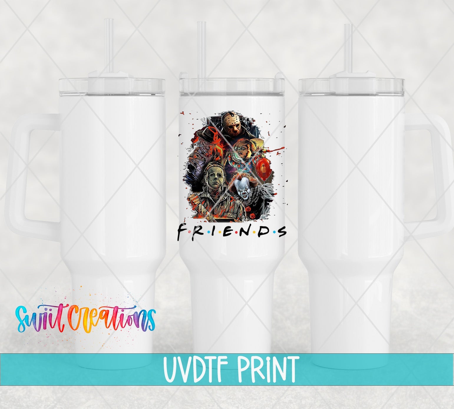a pair of white tumblers with the words friends on them