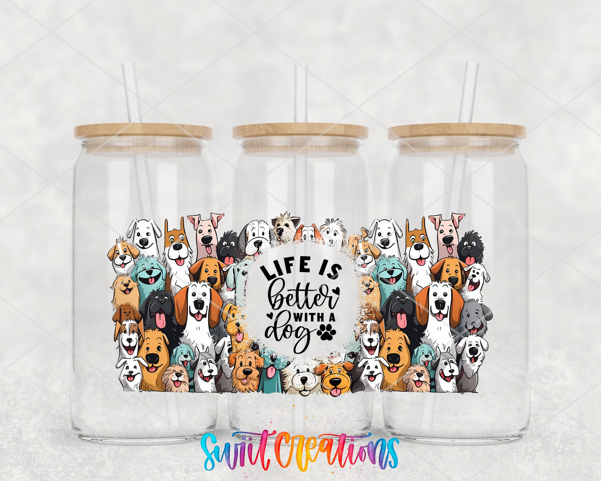 A collage of various dog illustrations arranged in a circular pattern, with the text "Life is better with a dog" displayed prominently in the center.