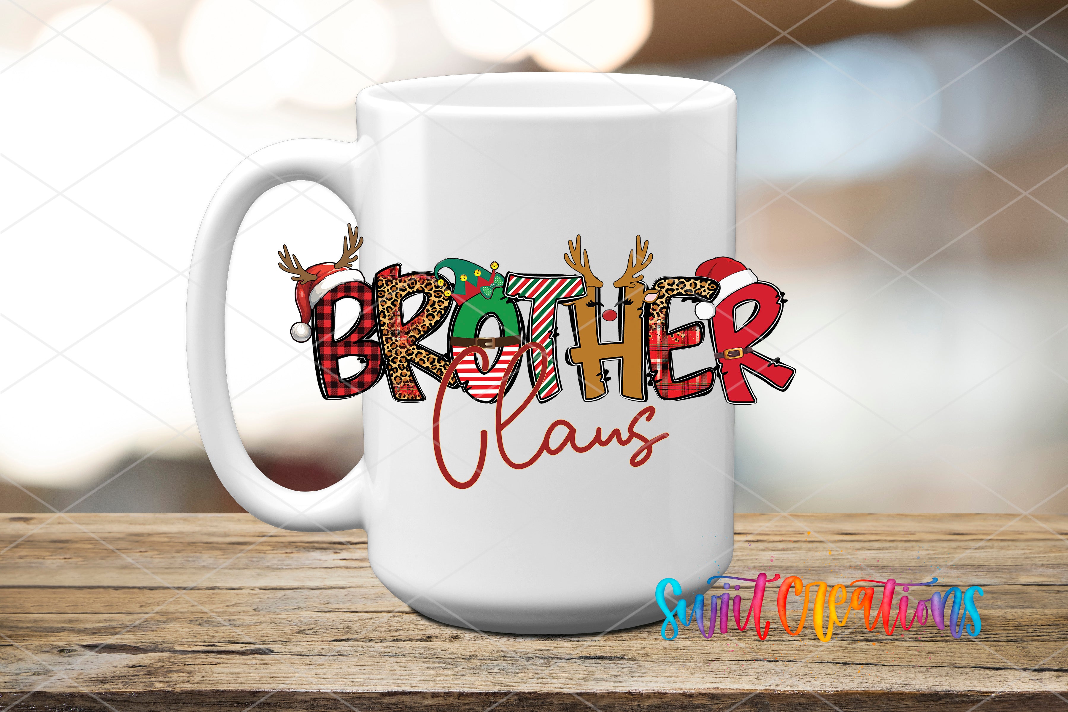 A white ceramic mug with the text "BROTHER CLANS" printed on it, along with various Christmas-themed graphics and decorations.