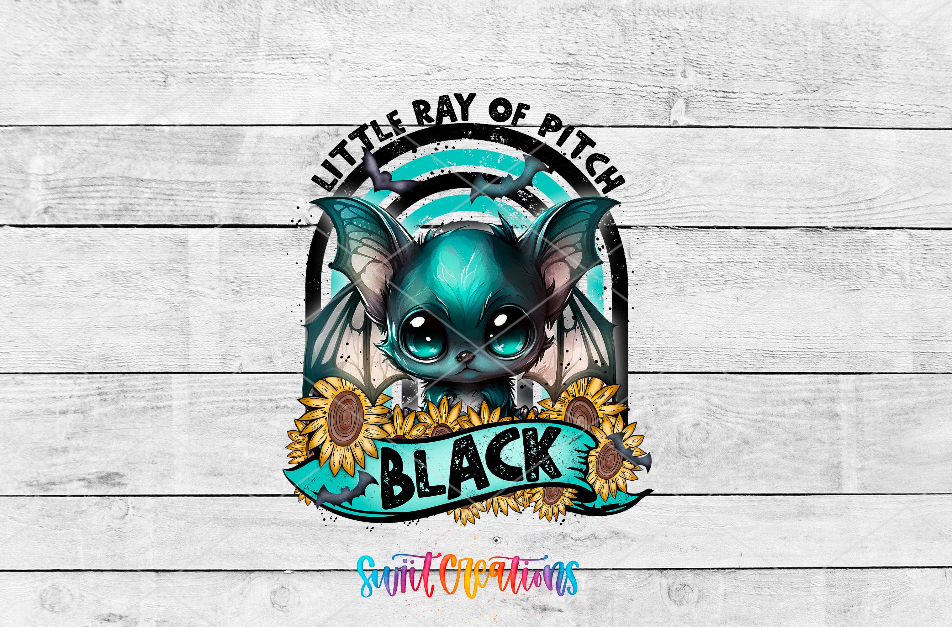 A colorful illustration of a bat with large eyes and wings, surrounded by sunflowers and the text "Little Ray of Pitch" and "Black".