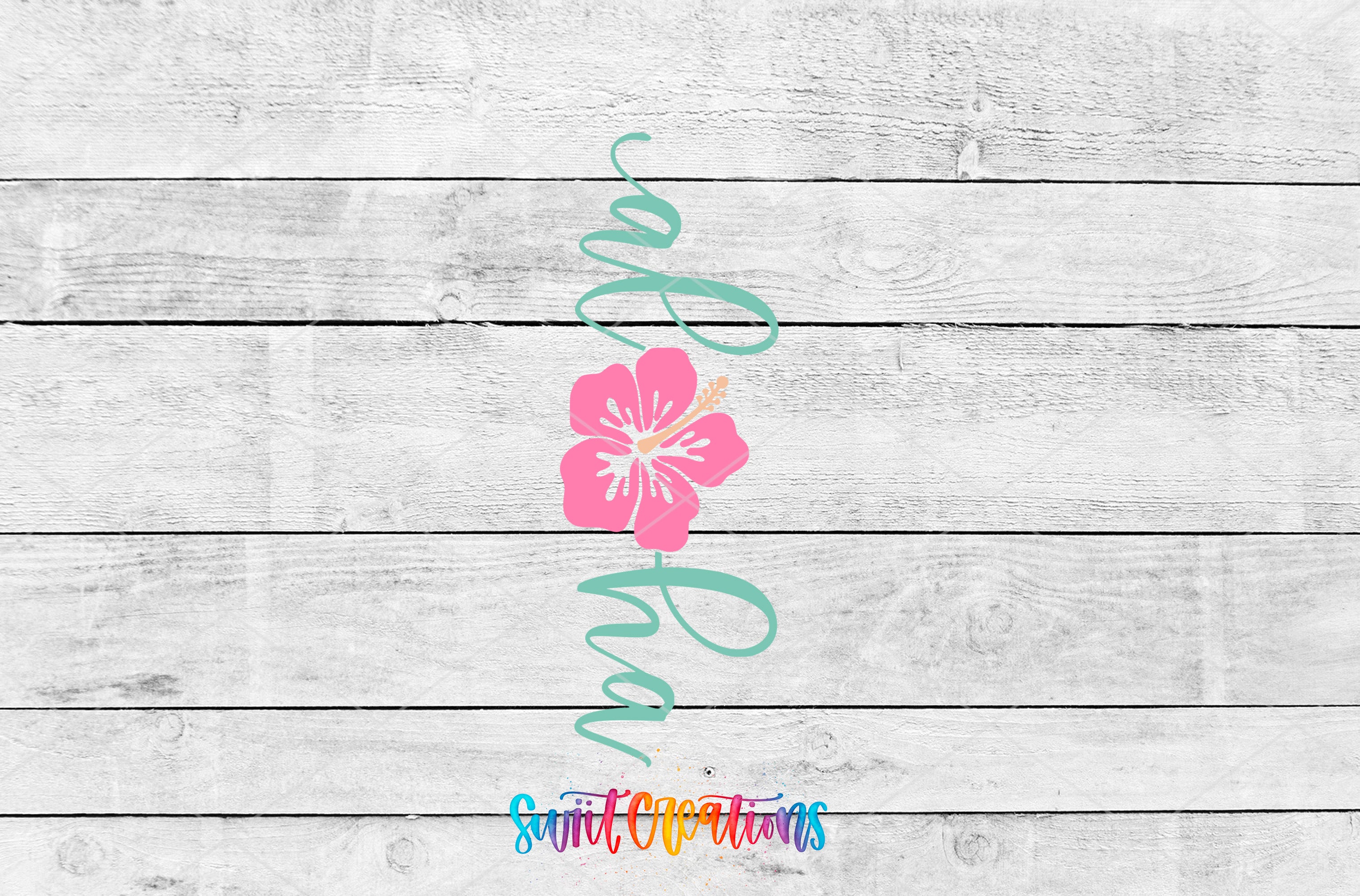 a pink flower with a cursive "al" written in green and teal cursive font, set against a white wooden background.