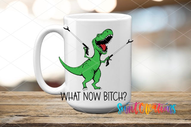 a white coffee mug with a dinosaur holding a bow