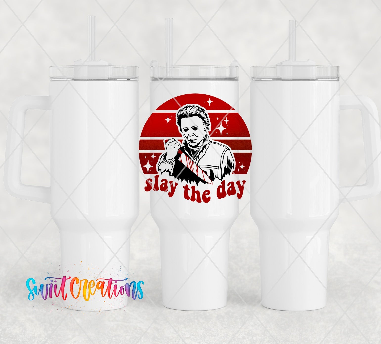 a pair of white tumblers with a graphic of a man holding a cigarette