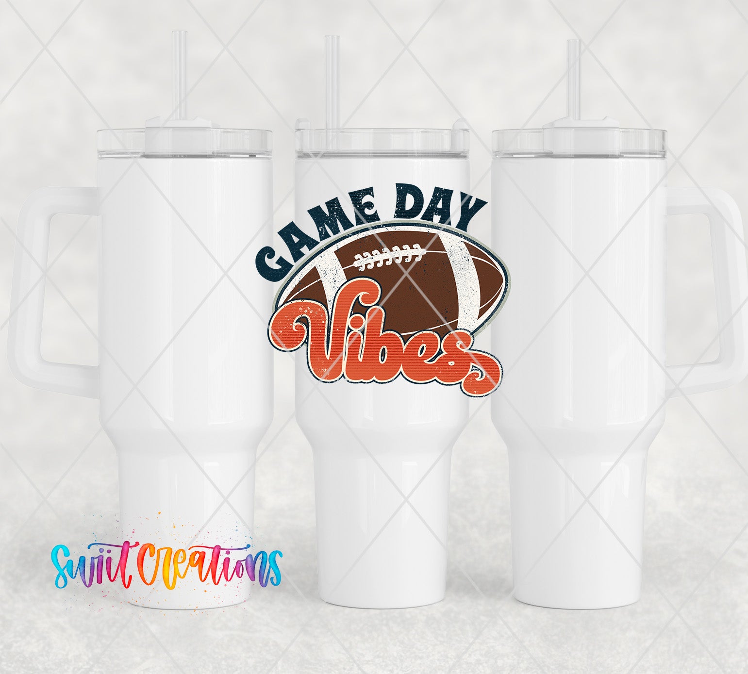 a white tumbler with a football and game day vibes on it