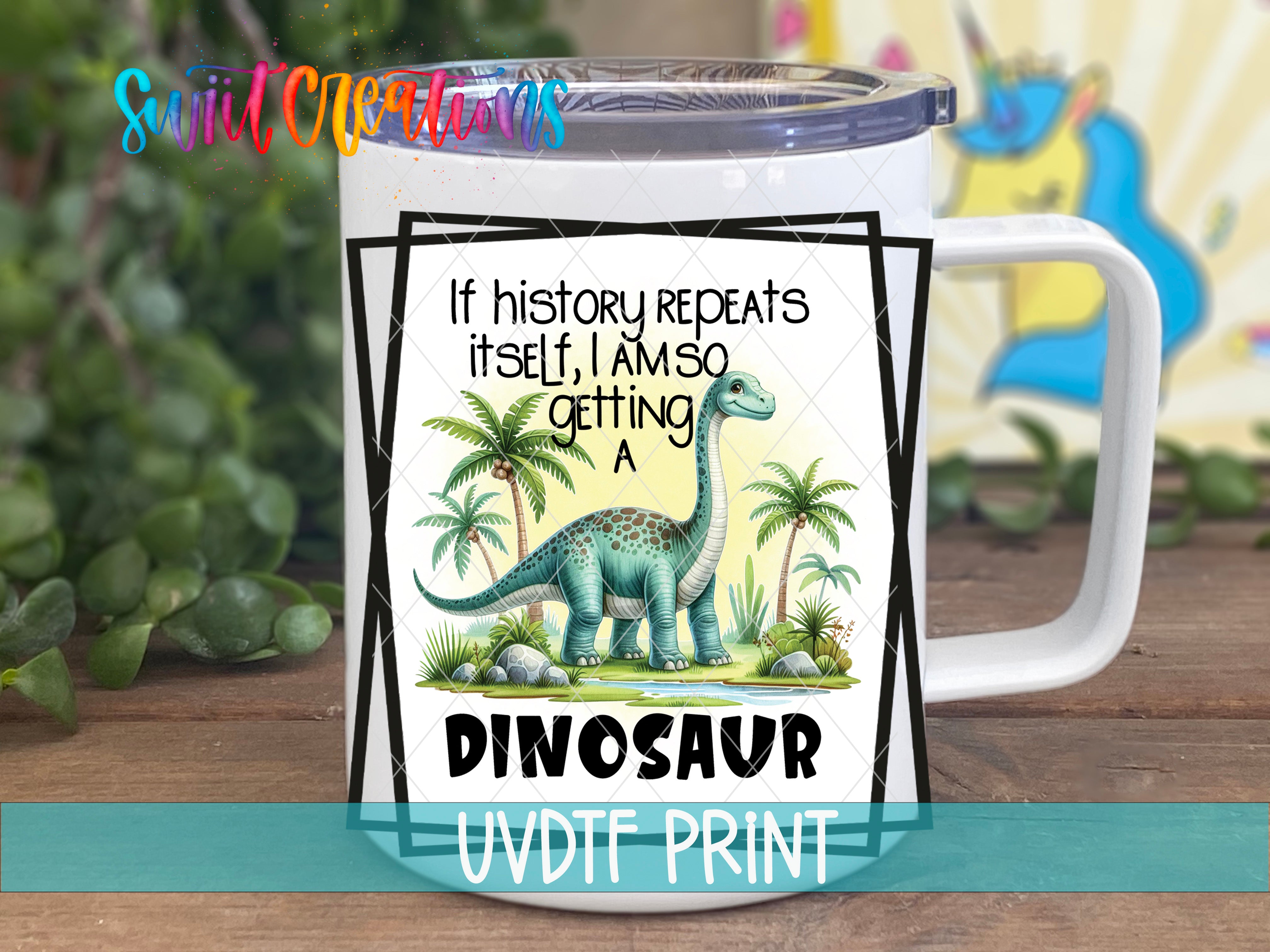 a white coffee mug with a dinosaur on it