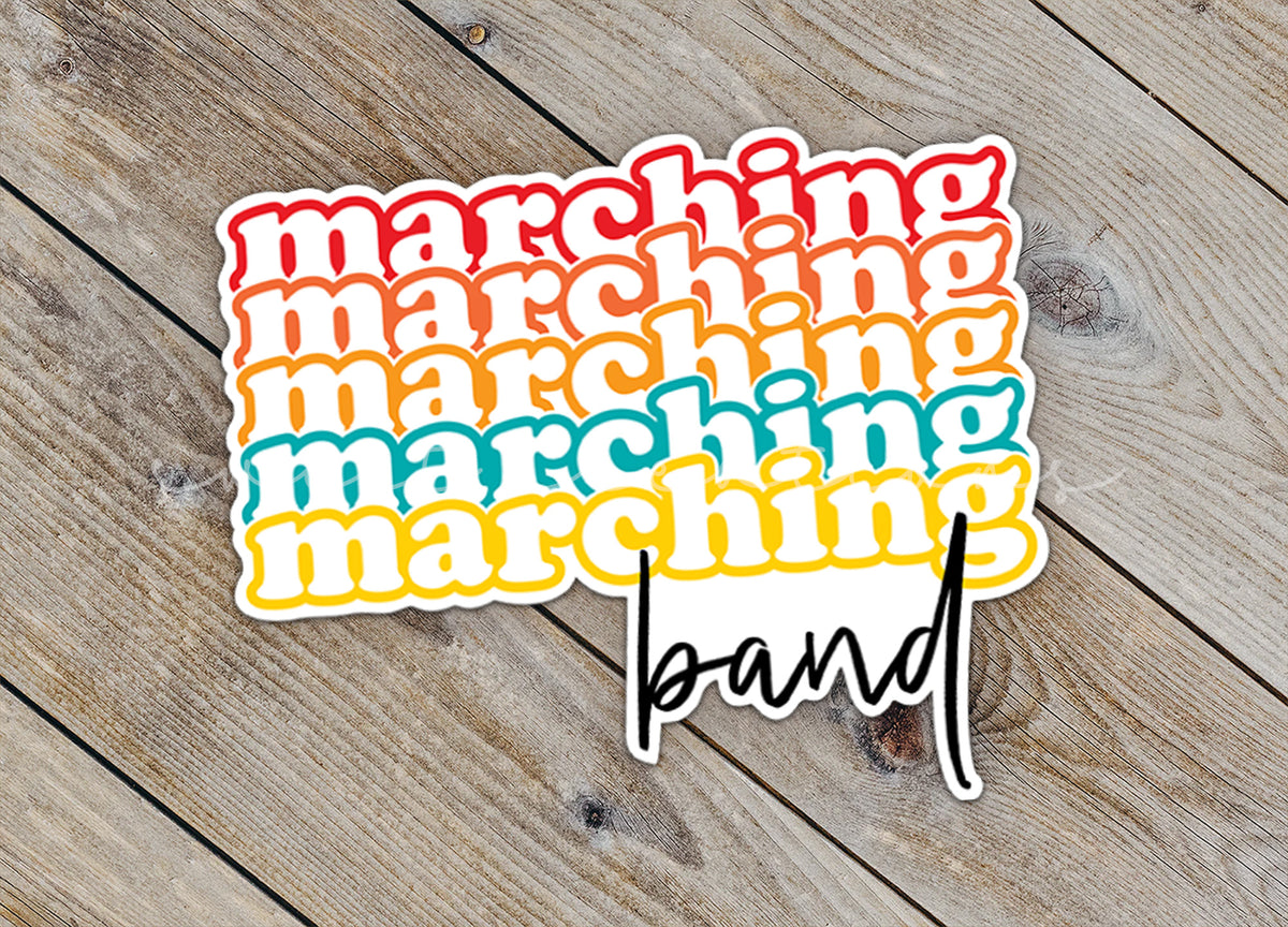 Close-up of the Retro Marching Band sticker on rustic wood