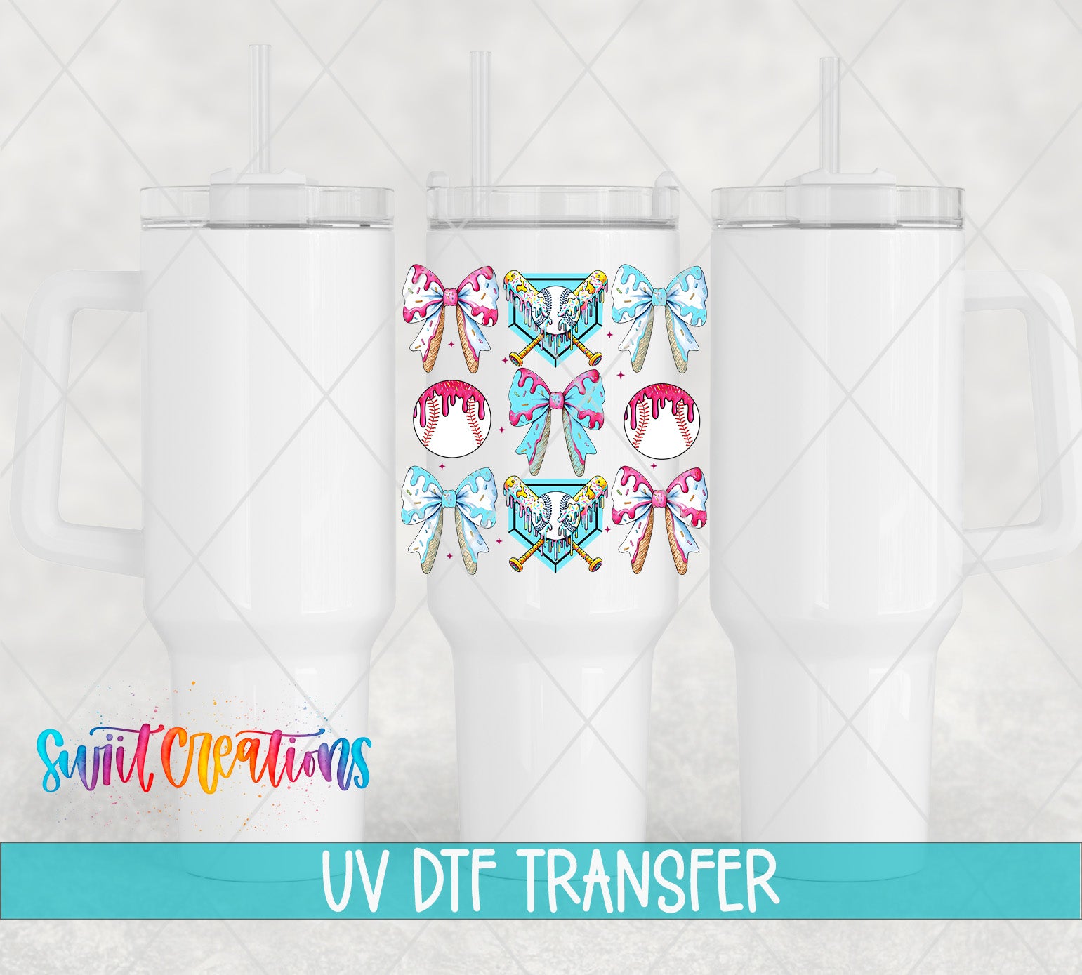 three white tumblers with a colorful design of bows and other decorative elements. The text "UV Dtf Transfer" is displayed below the image.