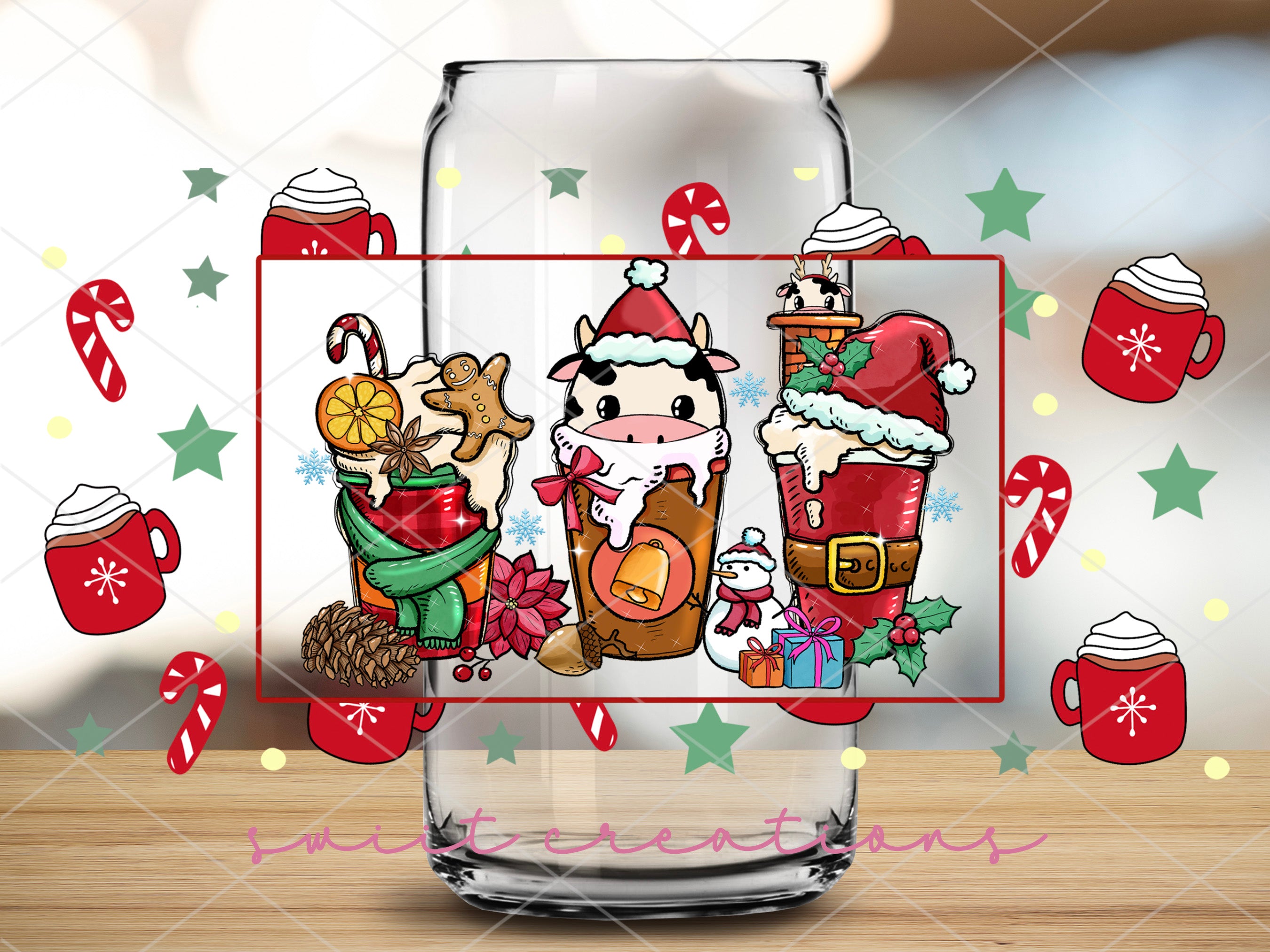 a glass with a picture of santa claus and other christmas items