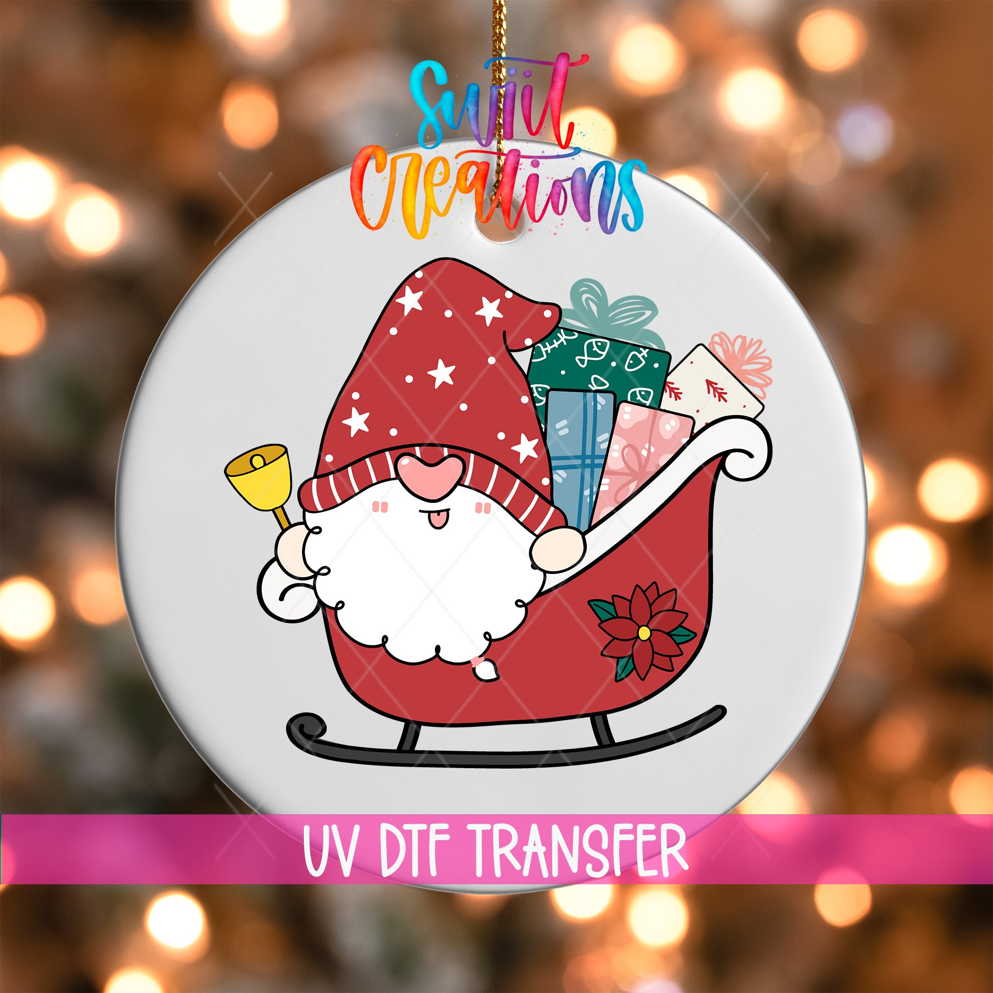 A white ornament with a cartoon illustration of a gnome riding a sled, holding presents and a bell.