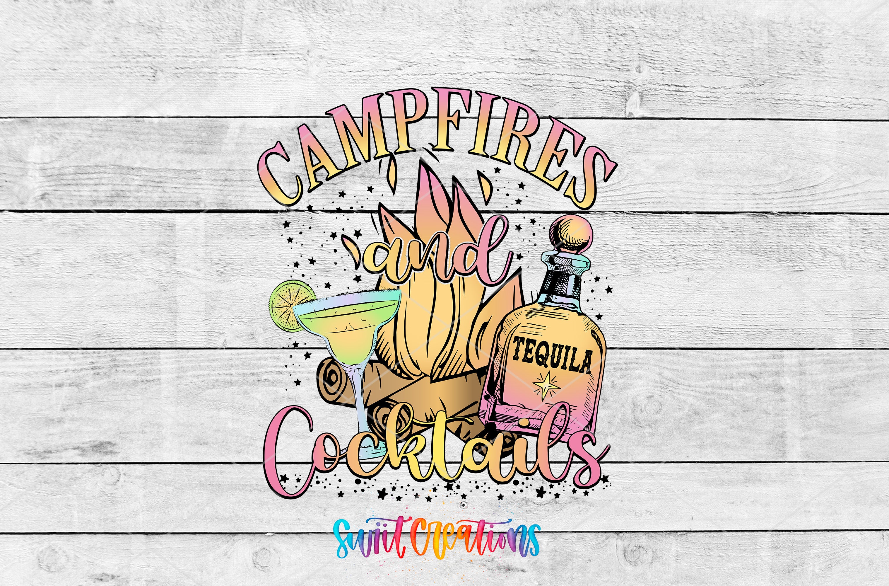 a colorful graphic design with the text "CAMPFIRE'S and COCKTAILS" prominently displayed. The design includes a bottle of tequila, a cocktail glass, and a campfire, all set against a wooden background.
