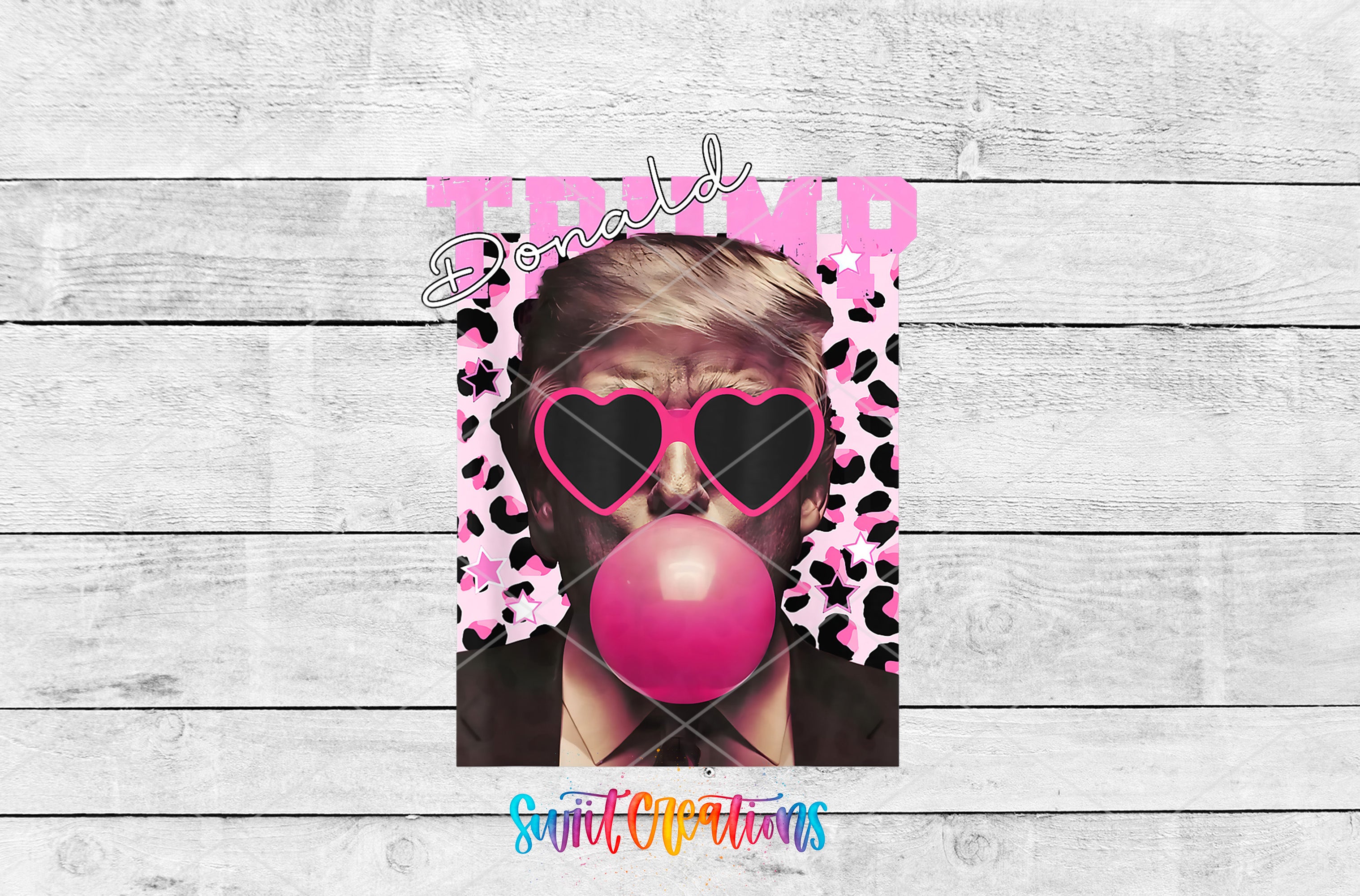 A collage of images featuring a man wearing sunglasses and a pink bubblegum bubble, with the word "Trump" written above the image.