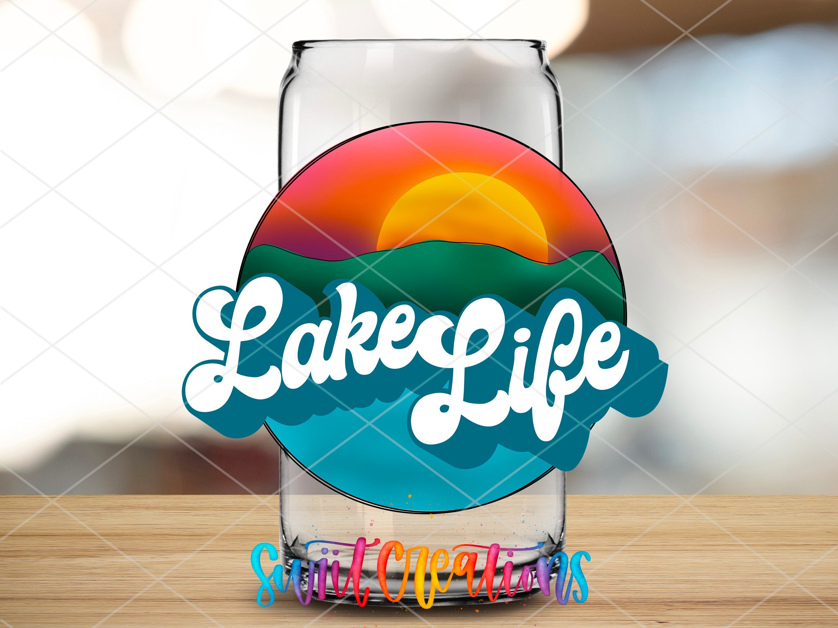 a glass with the words lake life on it