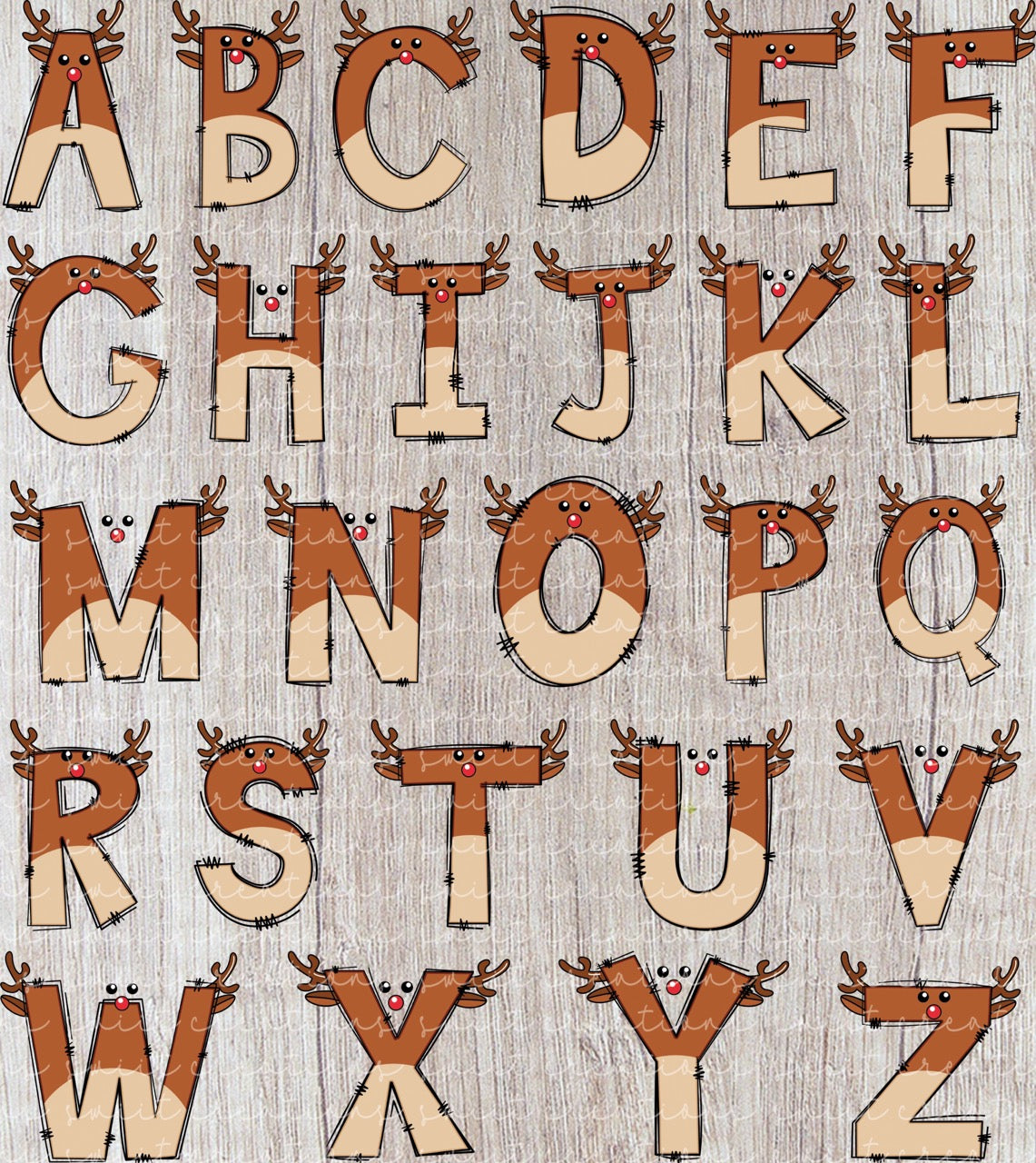 the alphabet letters of the English alphabet, each one with a reindeer face drawn on it. The reindeer faces are brown and have antlers, giving the letters a festive and holiday-themed appearance.