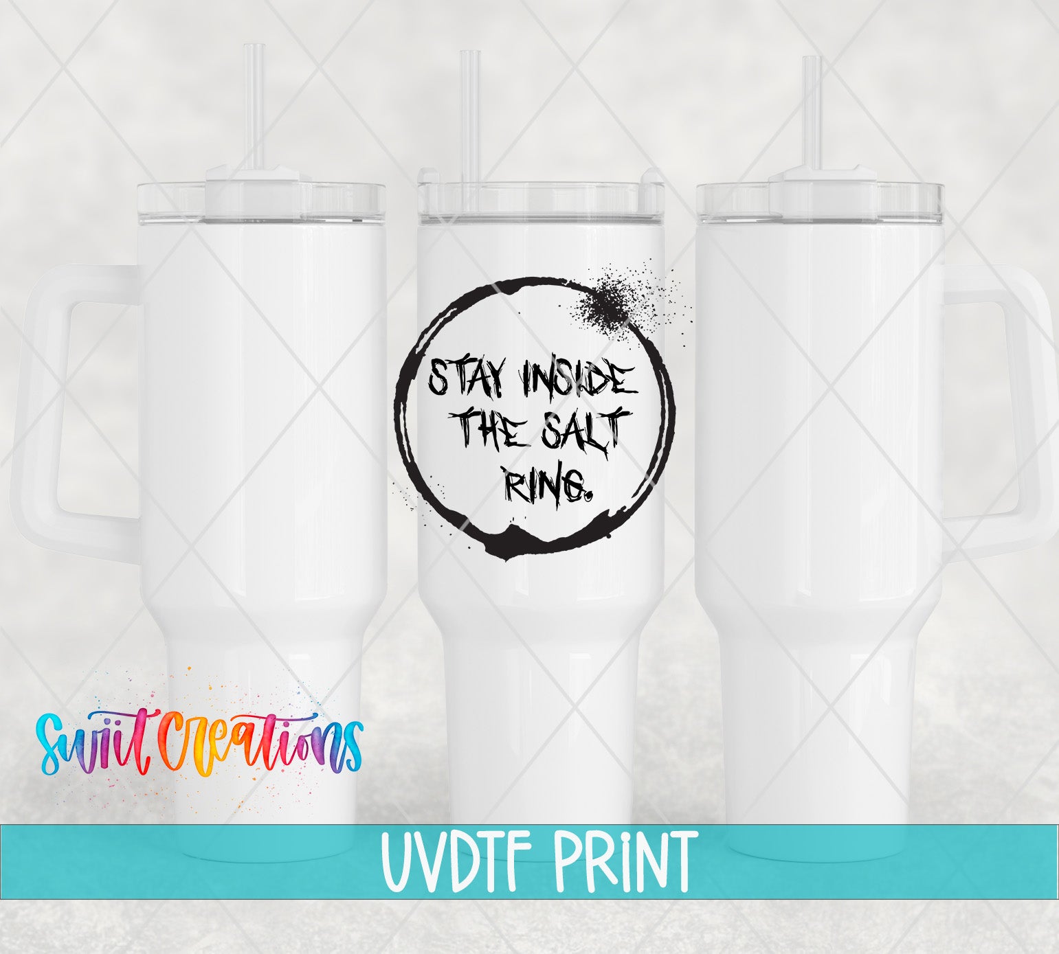 a set of three white tumblers with the words stay inside the salt rings