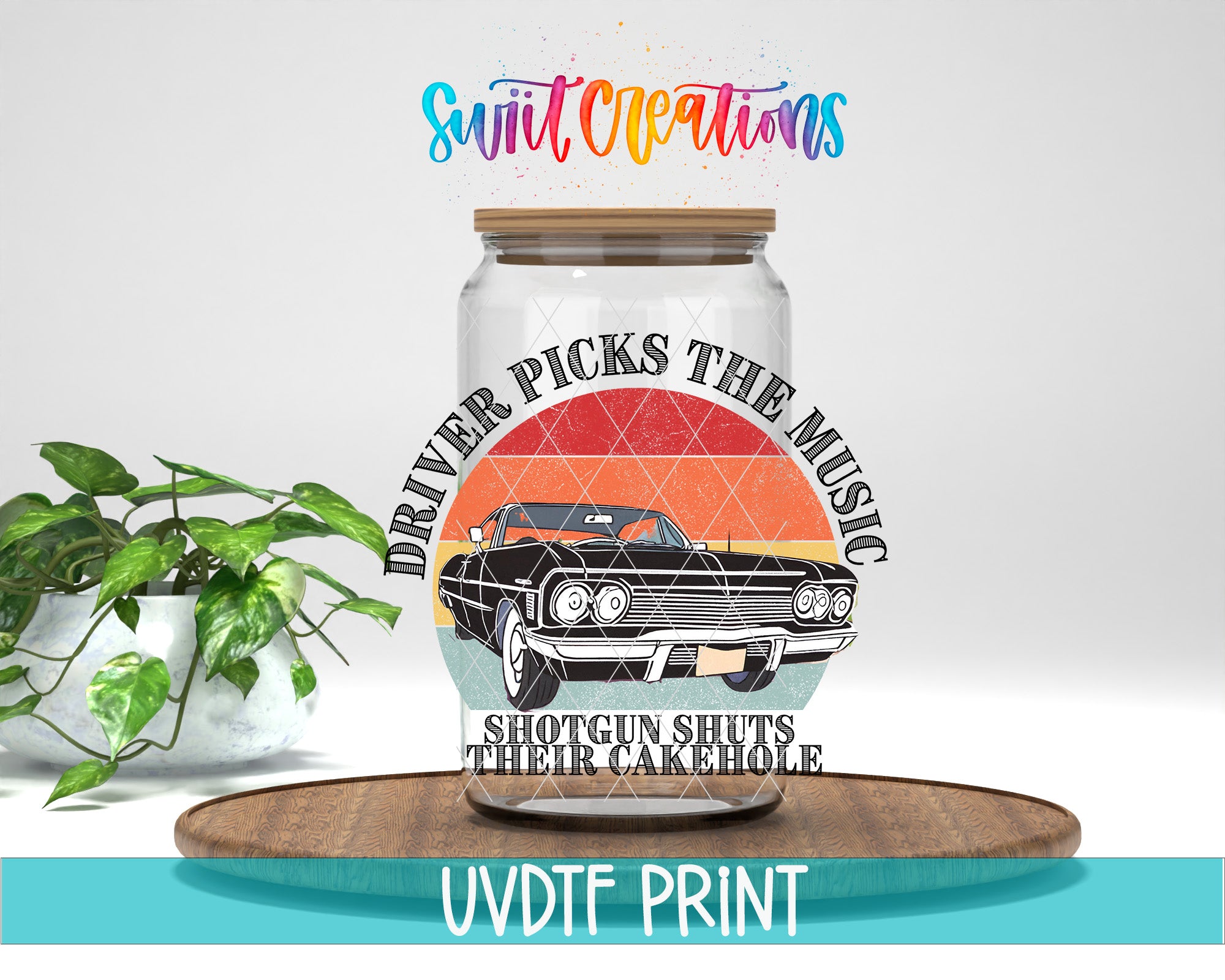 a glass jar with a picture of a car on it