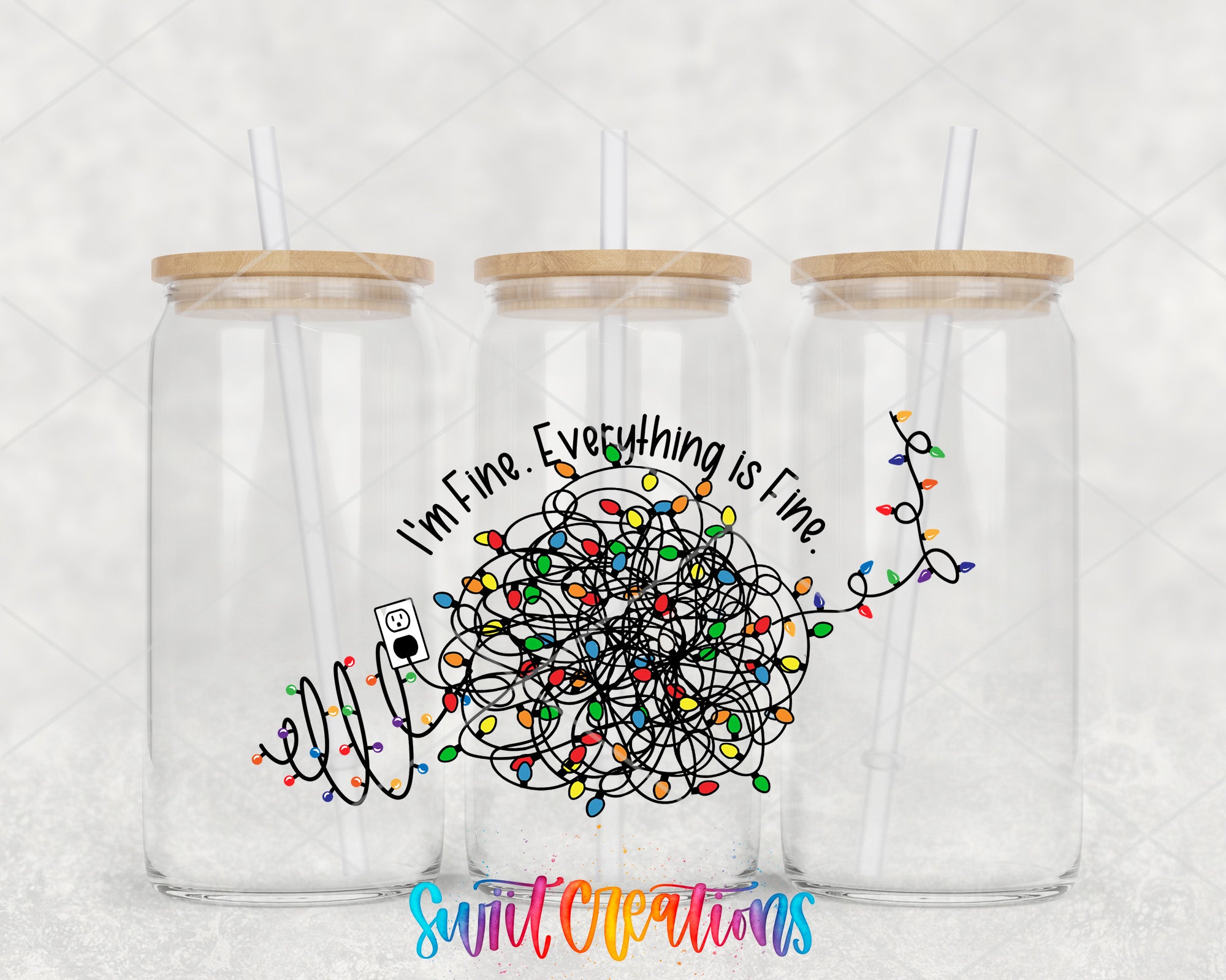 three clear glass jars with wooden lids, each with a straw. The jars are arranged in a row, and there is a colorful, abstract design resembling a tangled web of lights or strings inside one of the jars. The design is accompanied by the text "I'm Fine. Everything is Fine."