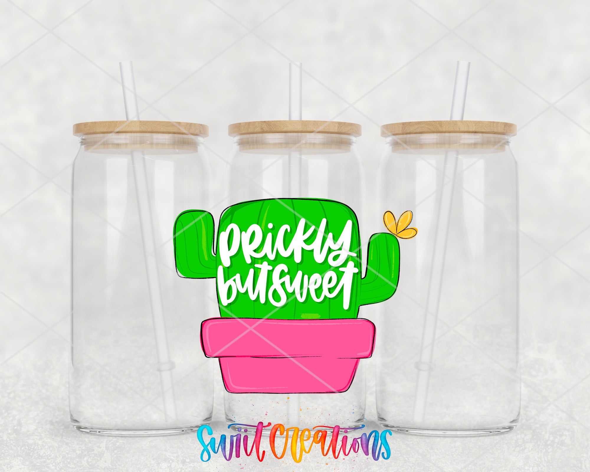 two clear tumblers with a cactus design on them