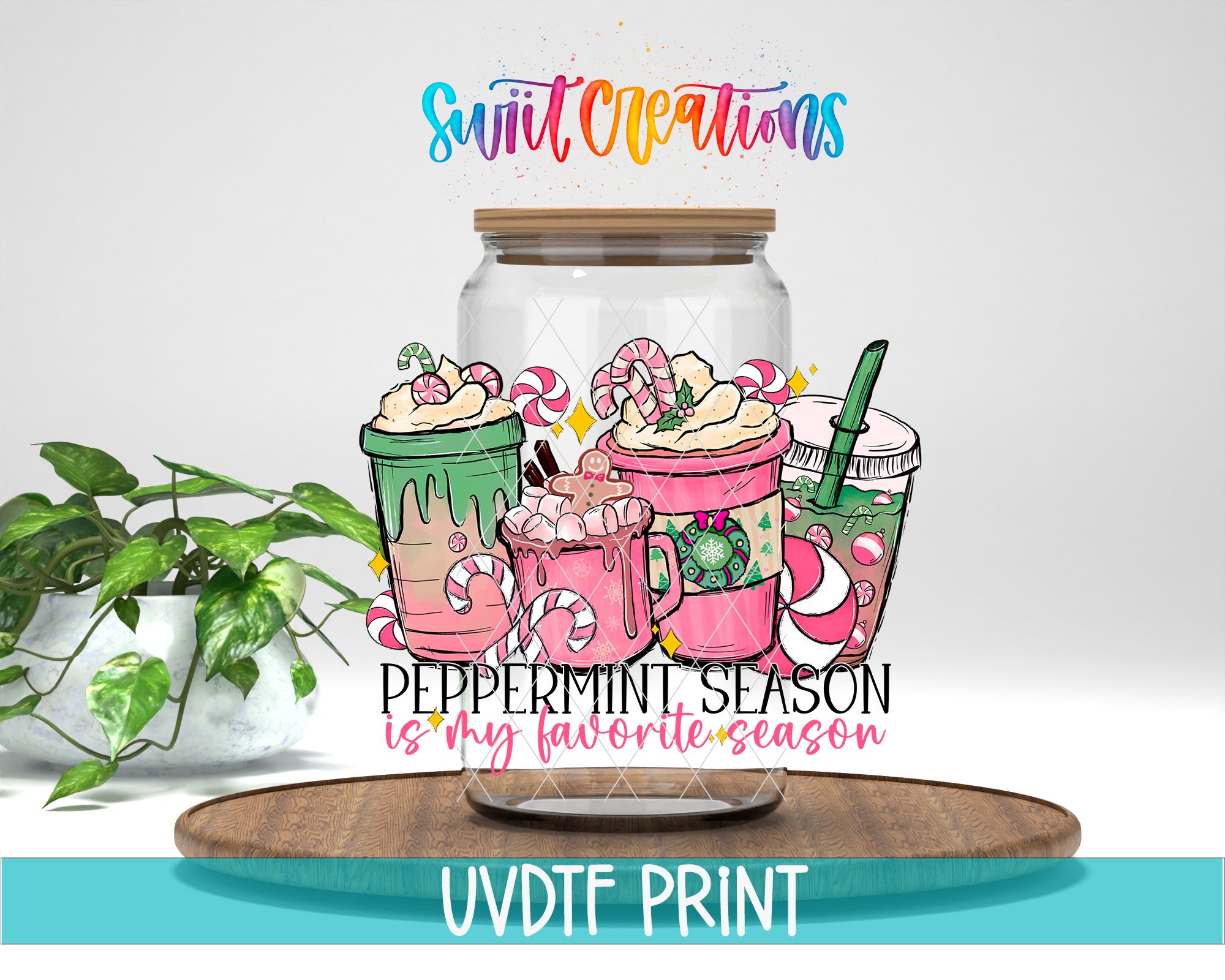 A glass jar filled with various colorful drinks, including hot chocolate and peppermint, along with candy canes and other festive decorations, placed on a wooden surface.