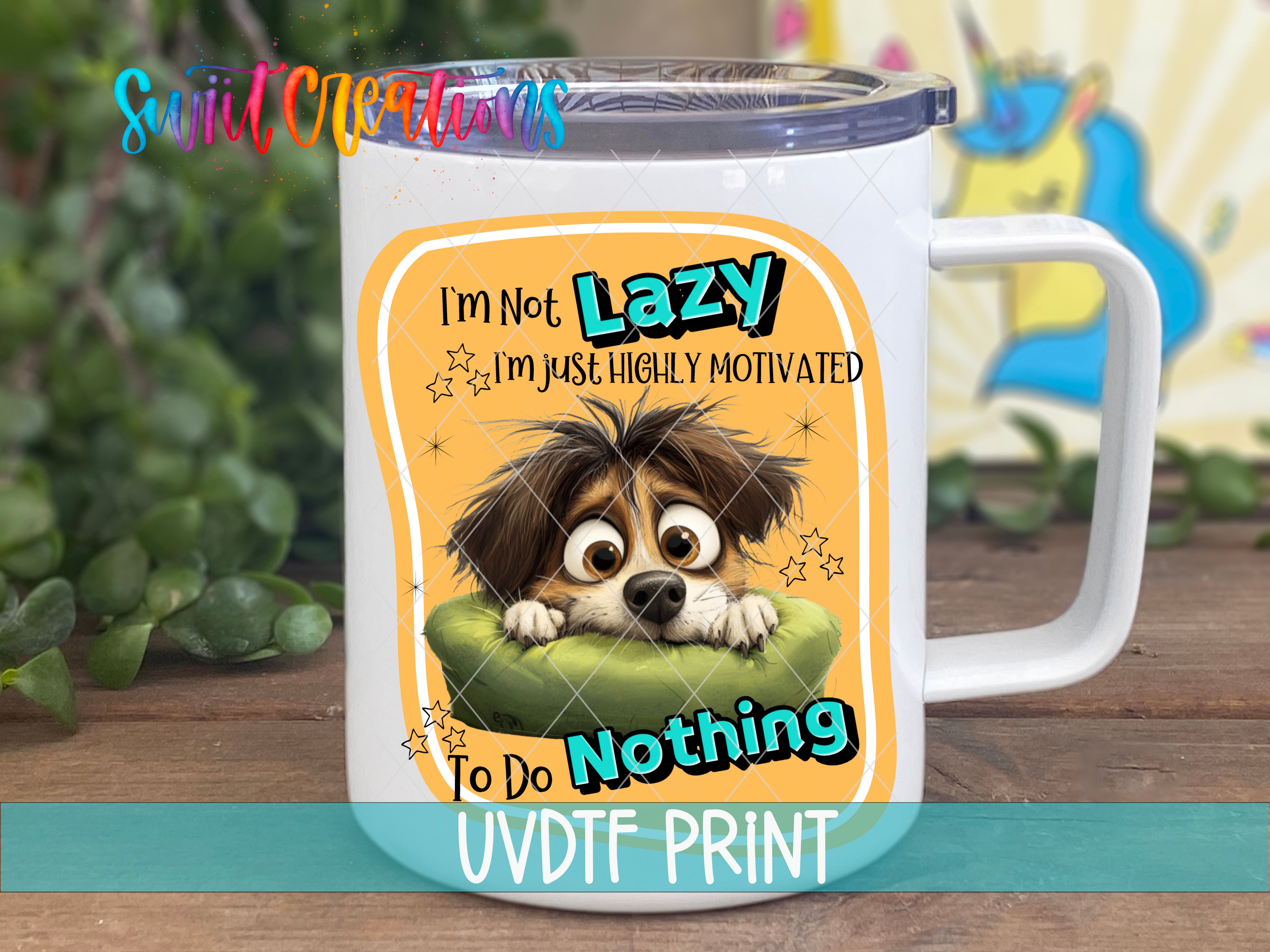 a white coffee mug with a cartoon dog on it
